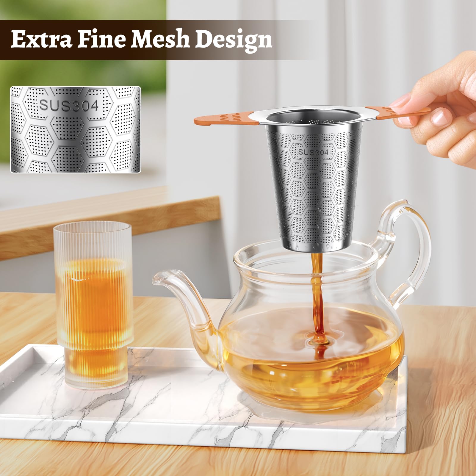 Tee-Ei für losen Tee, 18/8 Edelstahl, Tee-Ei mit hitzebeständigen Silikongriffen, extra feines Netz, filtert feine Teeblätter, passend für Teekannen/Tassen, Orange