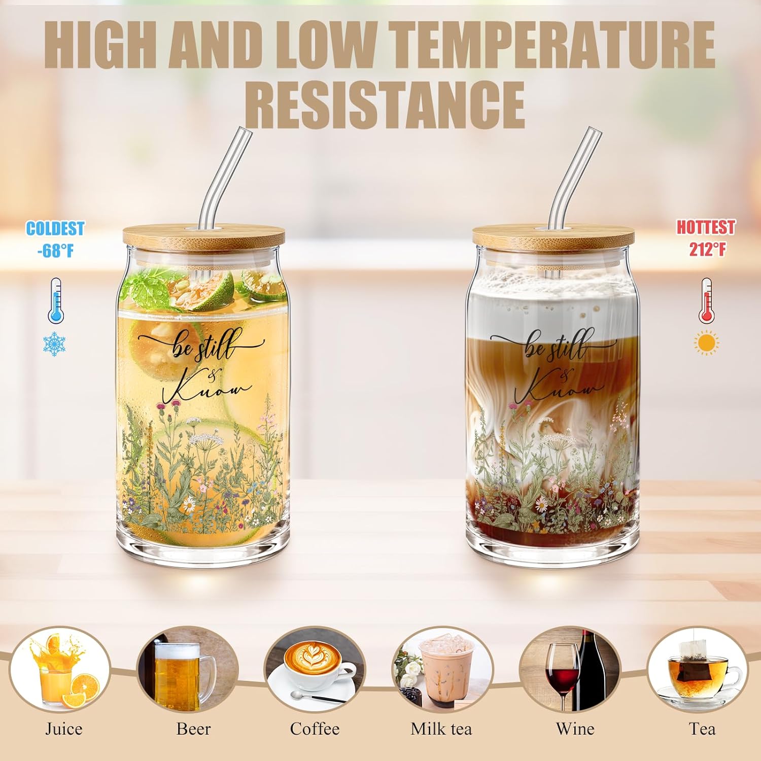 3 Pcs Christian Gift for Women Faith Bible Verse 16 oz Glass Cup with Lid Scripture Keychain Makeup Bag Inspirational Religious Gift for Birthday Church Mom(Flower) - Image 3