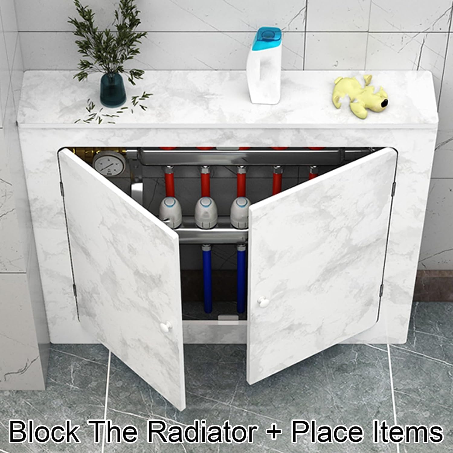 Radiator Cover Cabinet, Thickened PVC Wood-Plastic Board, Tool-Free Assembly, Pipe Decorative Cover with 2 Doors, 3-Sided Protection for Apartment Home Villas Hotel(50x60x15cm/20x24x6in)