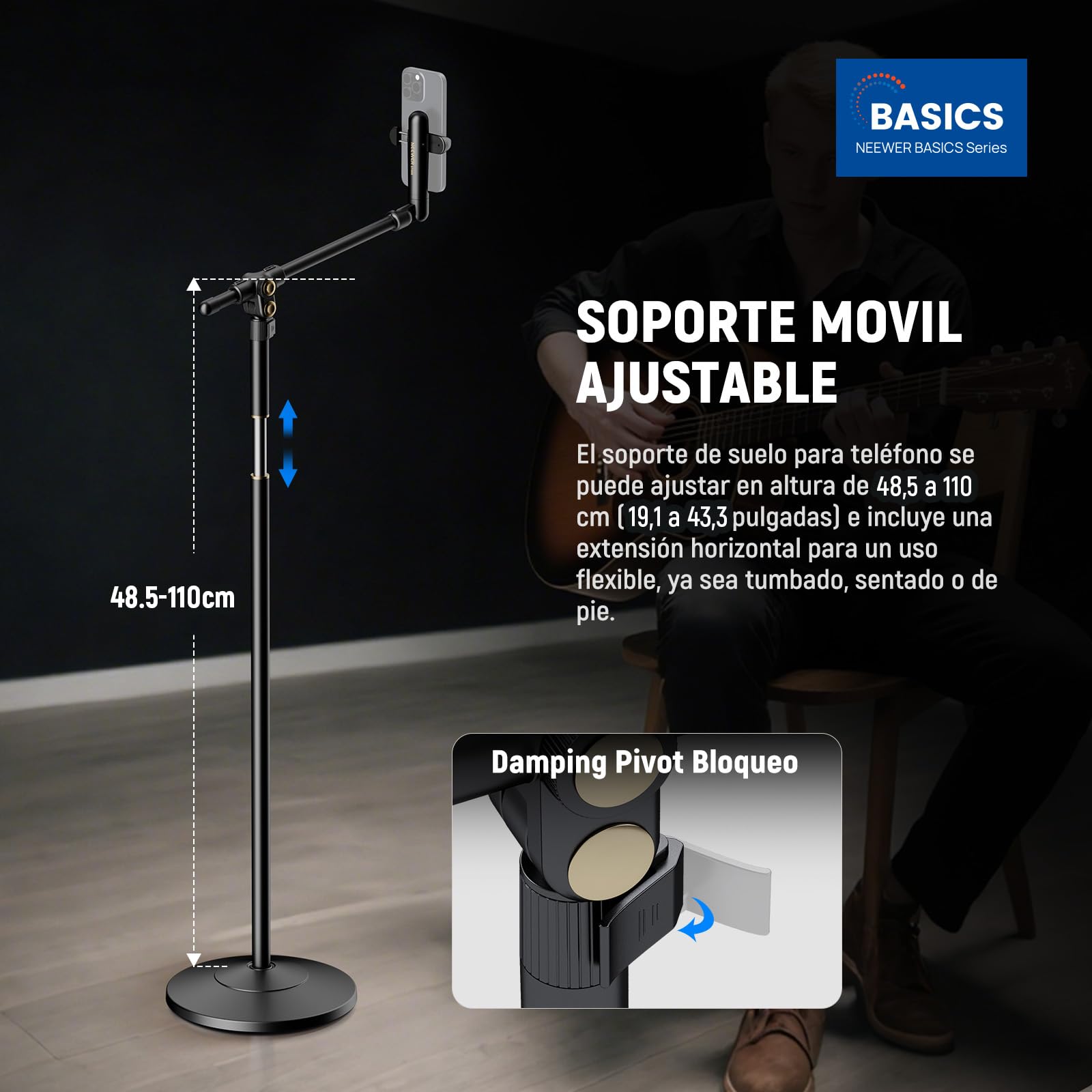 NEEWER BASICS ST009 - Soporte de suelo para teléfono con brazo de extensión horizontal, soporte ajustable para teléfono de cama compatible con iPhone 16 15 Pro Max Plus Samsung para grabación de video
