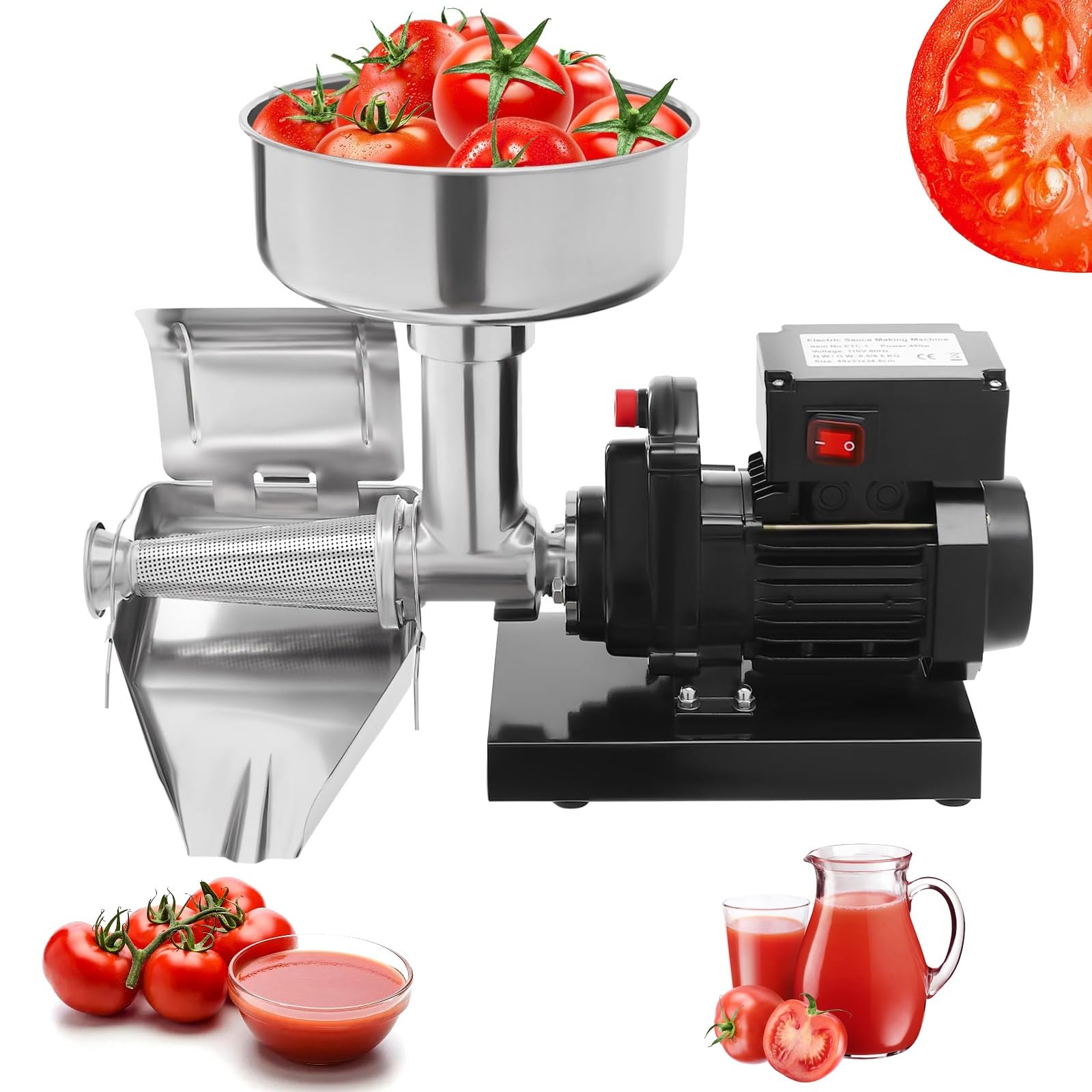 Eoweiot Electric Tomato Strainer Machine, Stainless Steel Food Strainer for Tomato Sauce, Strawberry and Blueberry Jam Making (Black)