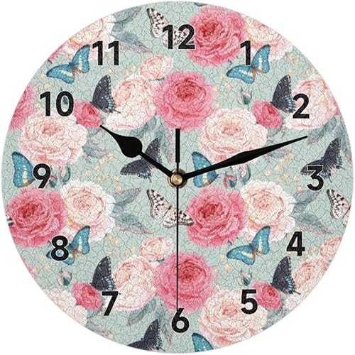 Reloj de pared redondo decorativo con diseño de mariposa rosa de 12 pulgadas, moderno, funciona con pilas, para cocina, sala de estar, dormitorio,