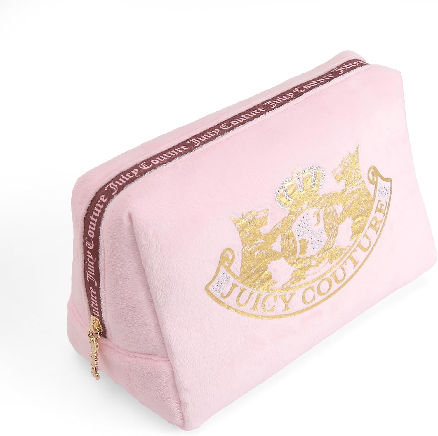 Juicy Couture Pink Makeup Bag Cosmetics Organizer Travel Essentials Zip Top Wedge Gold Terroir Dog Rhinestone Crown Velour