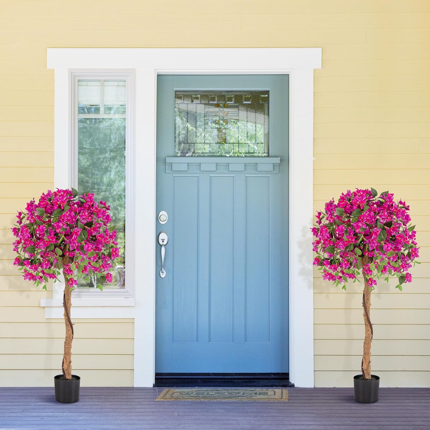 Goplus 53” Bougainvillea Artificial Tree, 2 Pack Faux Silk Flower Tree in Pot w/ 576 Flowers, 288 Leaves, Tall Fake Floor Plant, Artificial Plants for Indoor Outdoor Bedroom Living Room Decor