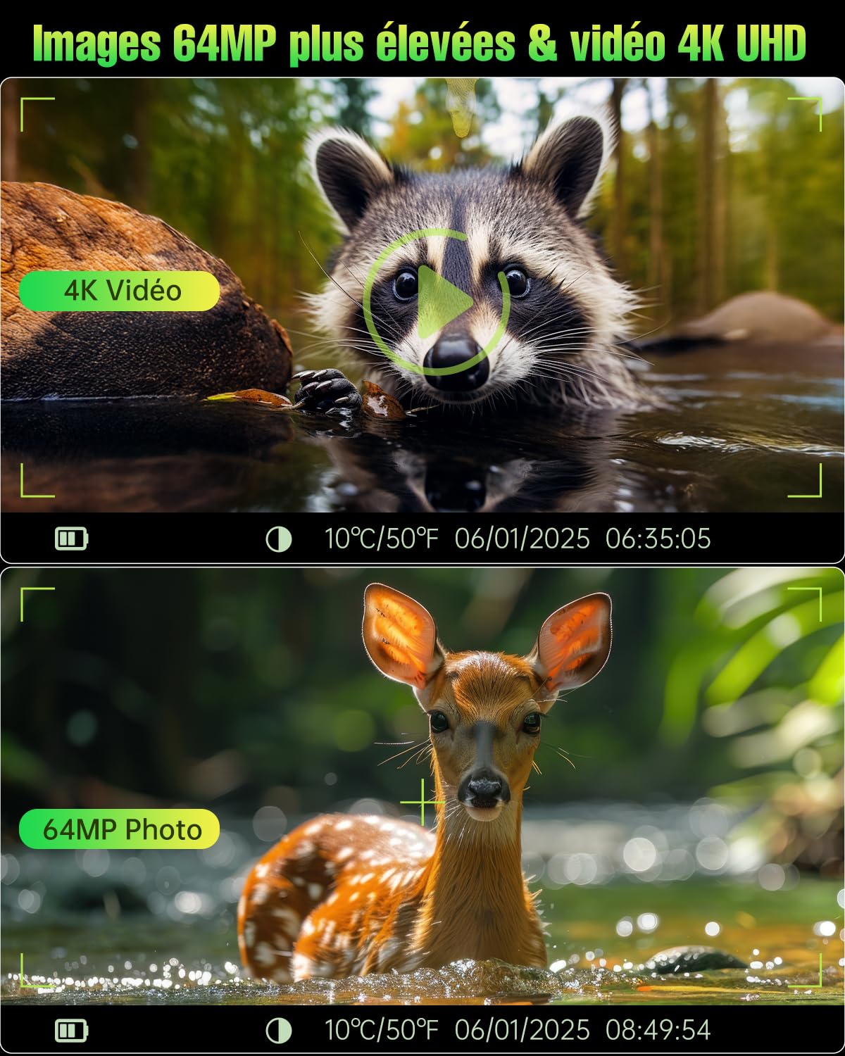 4K 64MP Caméra de Chasse Solaire avec 5000mAh Batterie Rechargeable, Camera Chasse, 850nm LED Camera Infrarouge Vision Nocturne Animaux Caméra