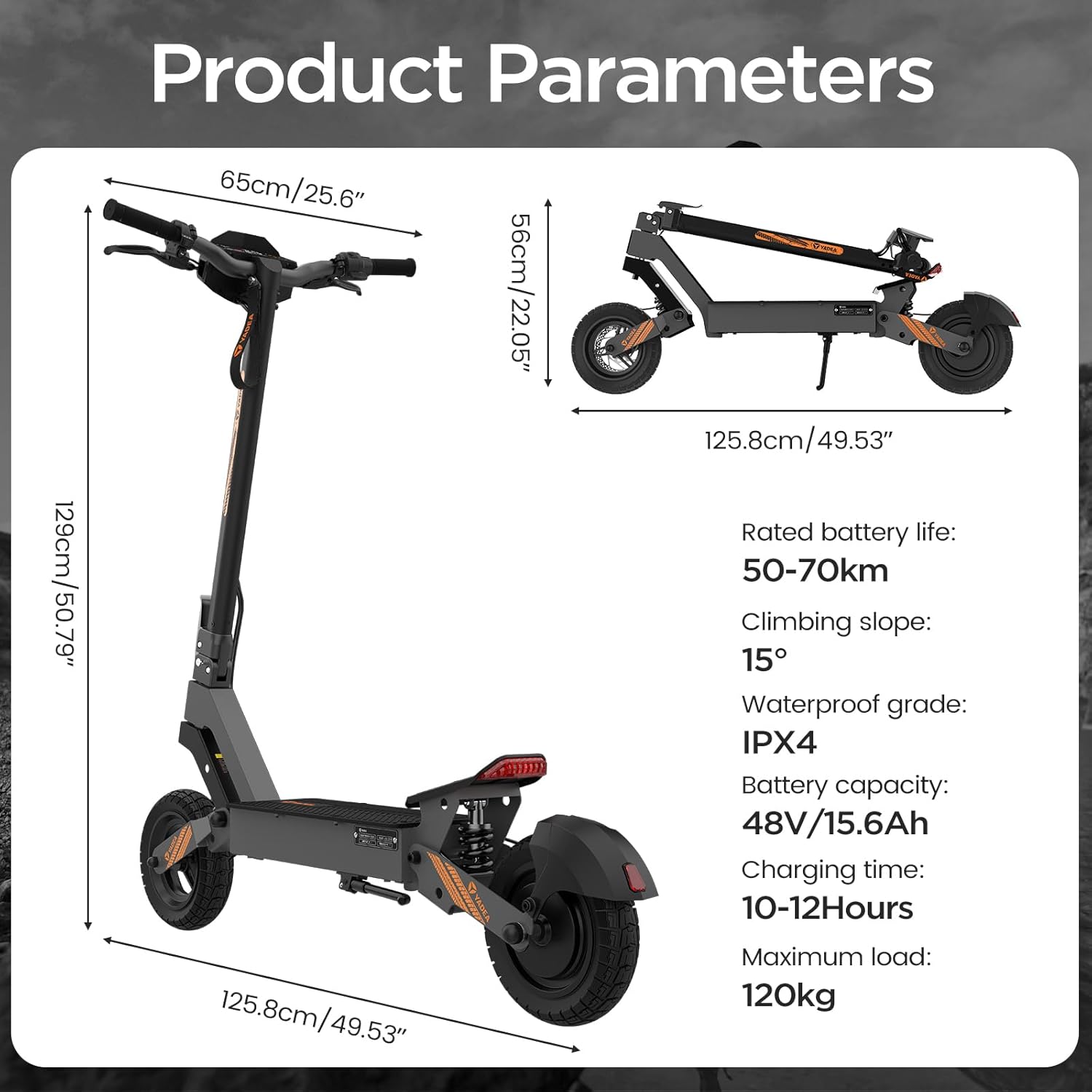 Yadea G10 Electric Scooter product parameters including dimensions, battery life, climbing slope, waterproof grade, battery capacity, charging time, and maximum load.