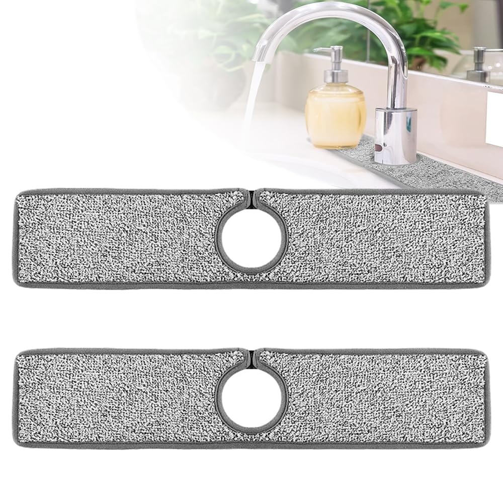 TRKETK 2 Pcs Faucet Absorbent Mat, Kitchen Sink Splash Mat Wraparound Faucet Strong Absorbent Mat Sink Faucet Wrap Around Mat for Motorhome Bar Kitchen Counter Bathroom (Grey)