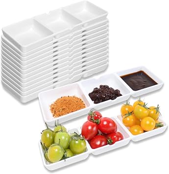 14-Pack Small Plastic Serving Trays - 3-Compartment Dip Bowls & Condiment Tray for Parties, Sauce Sections 8.7" x 2.8" x 1"