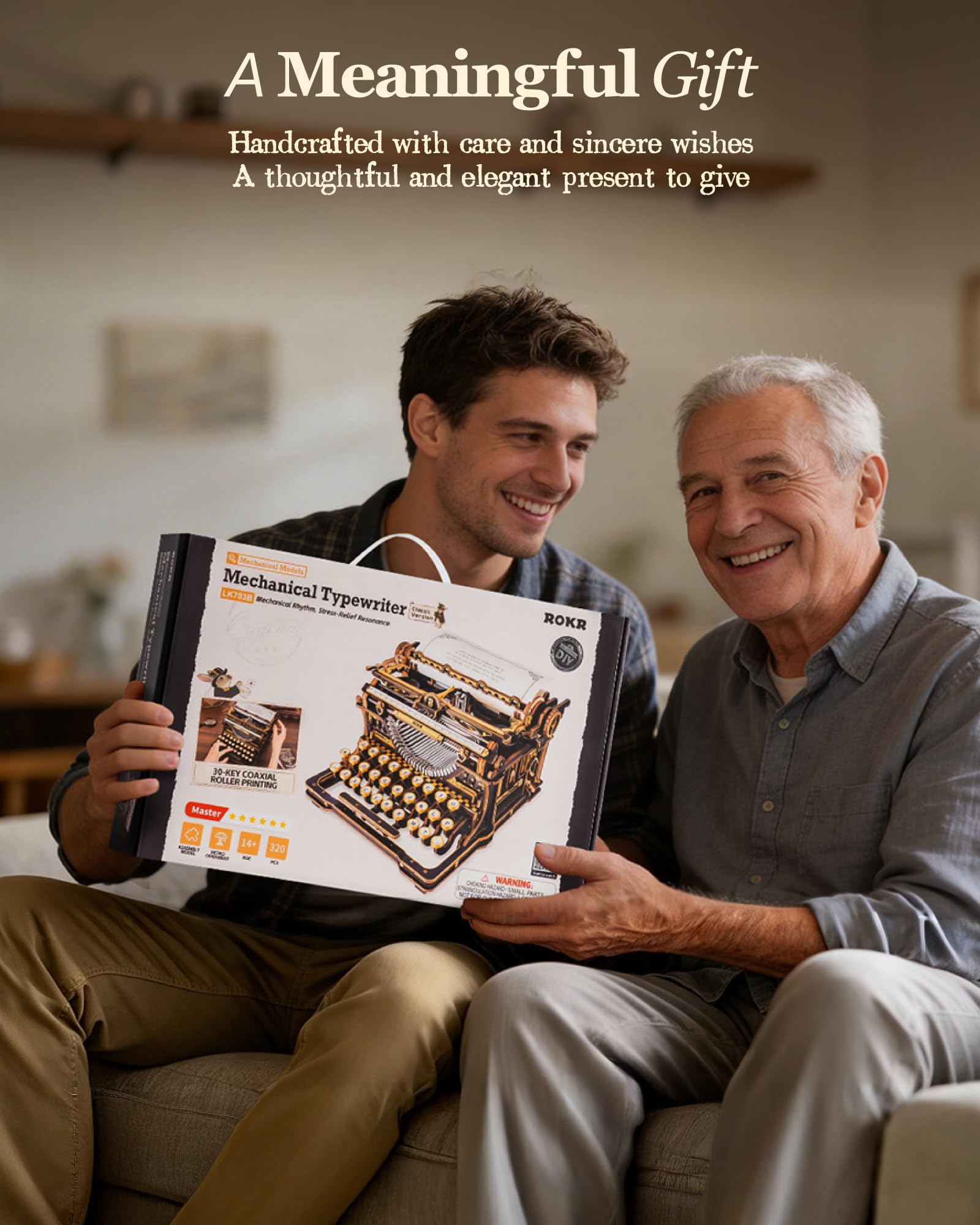 ROKR Drewniane puzzle 3D maszyna do pisania, funkcjonalny model budowania dla dorosłych, unikalna drewniana zabawka mechaniczna DIY, kolekcjonerska retro dekoracja biurkowa LK703B