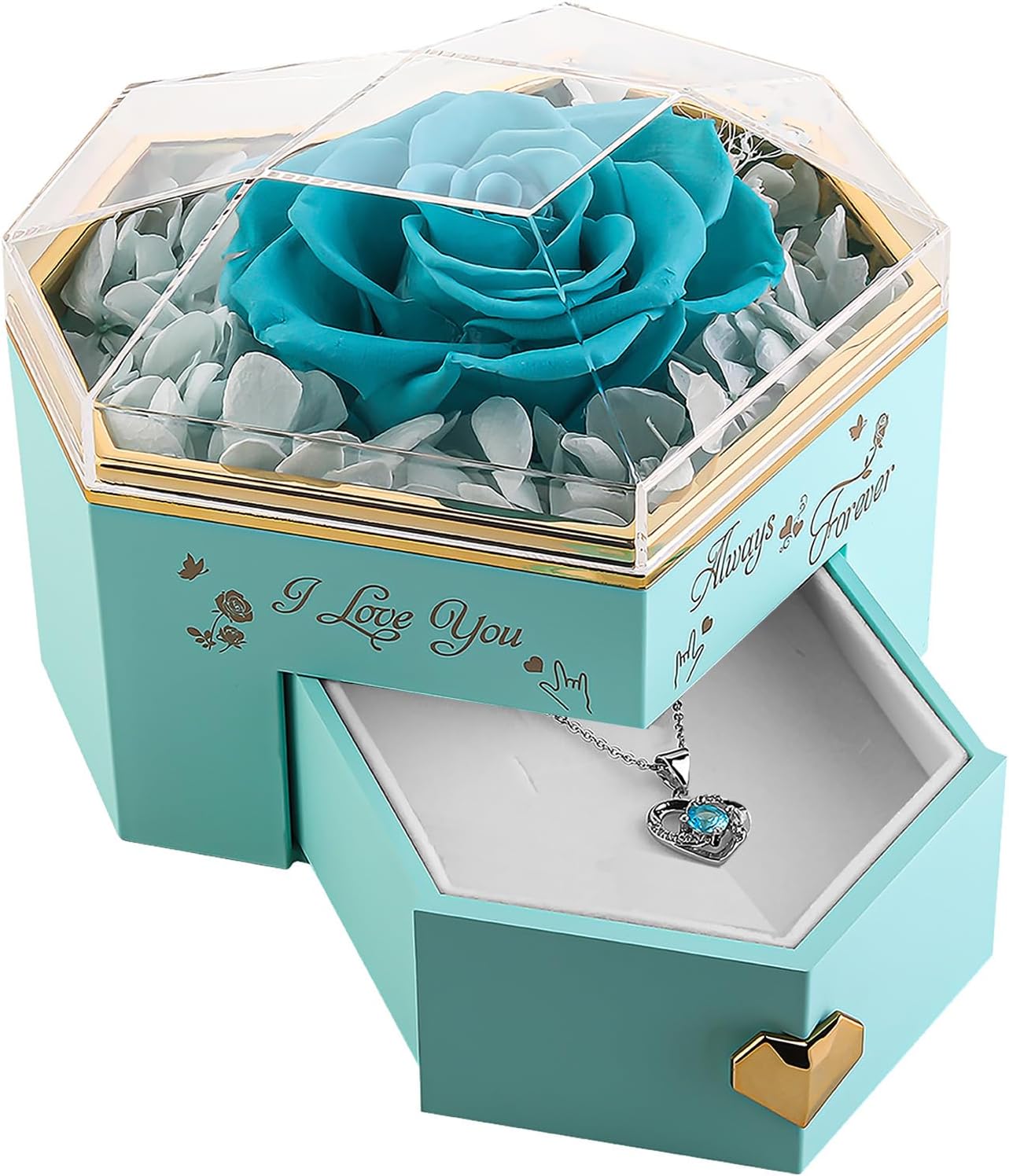 Heart Shape Preserved Real Rose Box with Necklace, Forever I Love You Roses Gifts for Her, Eternal Flowers Gifts for Women, Birthday Anniversary Thanksgiving Ideas - Pink