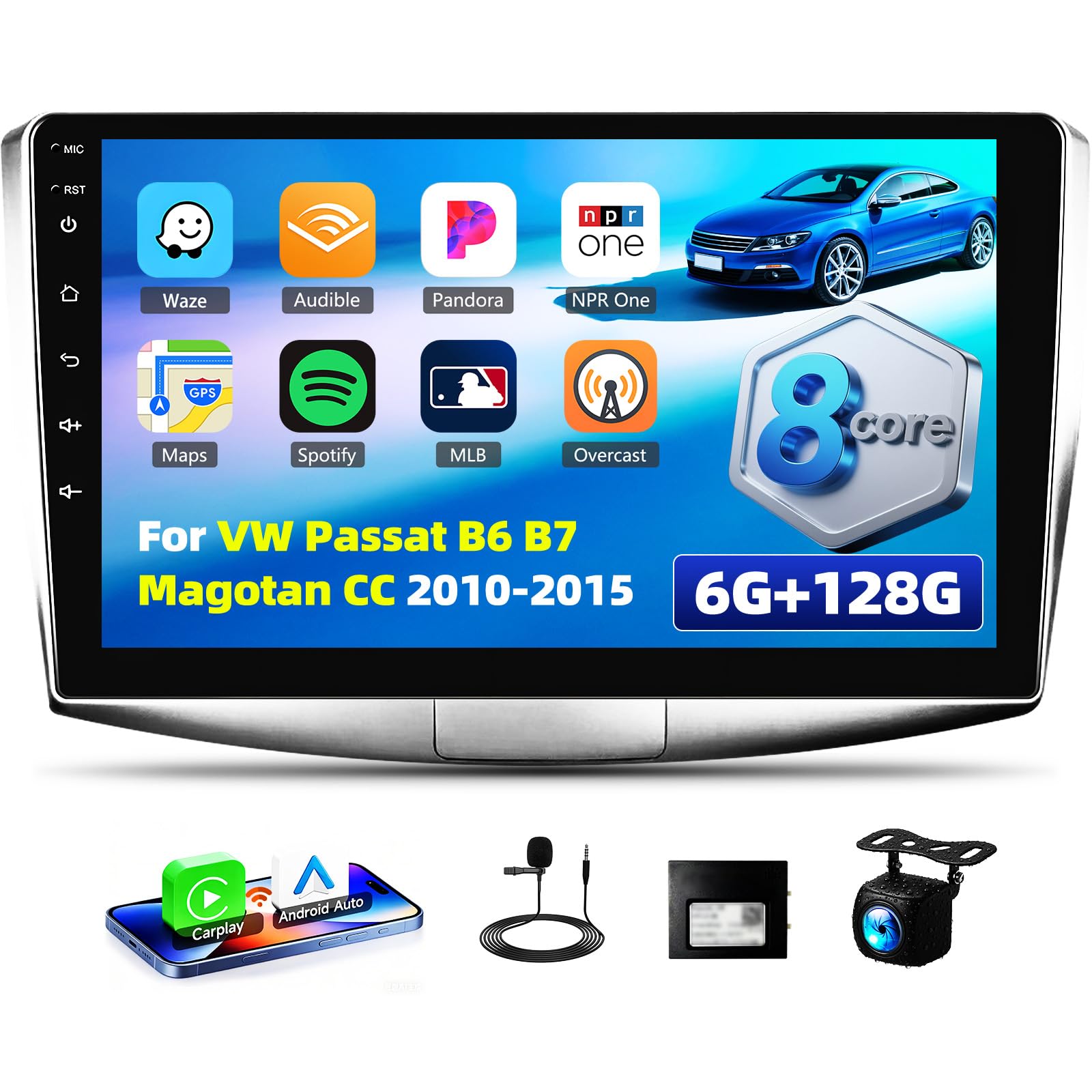 Android 15, 6G+128G 8-Kern GOHHDL Autoradio 2Din für VW Passat B6 B7 Magotan CC 2010-2015 Carplay Android Auto, 10.1 Zoll Touch Radio mit Mirror Link GPS WiFi Bluetooth FM/RDS EQ Rückfahrkamera&MIC