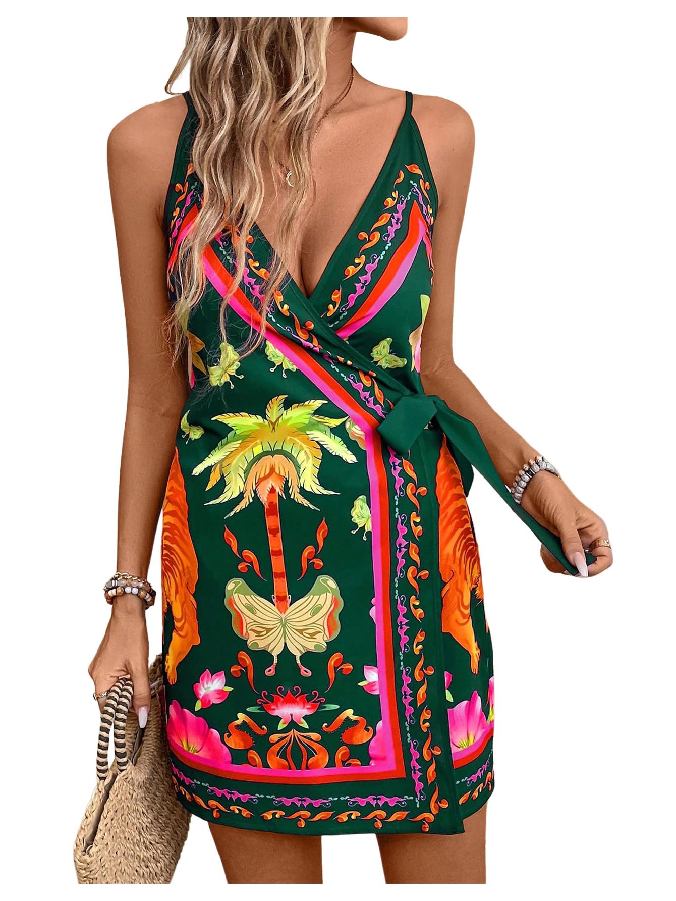 Women's Tropical Print Wrap Dress Sleeveless Vacation Dresses