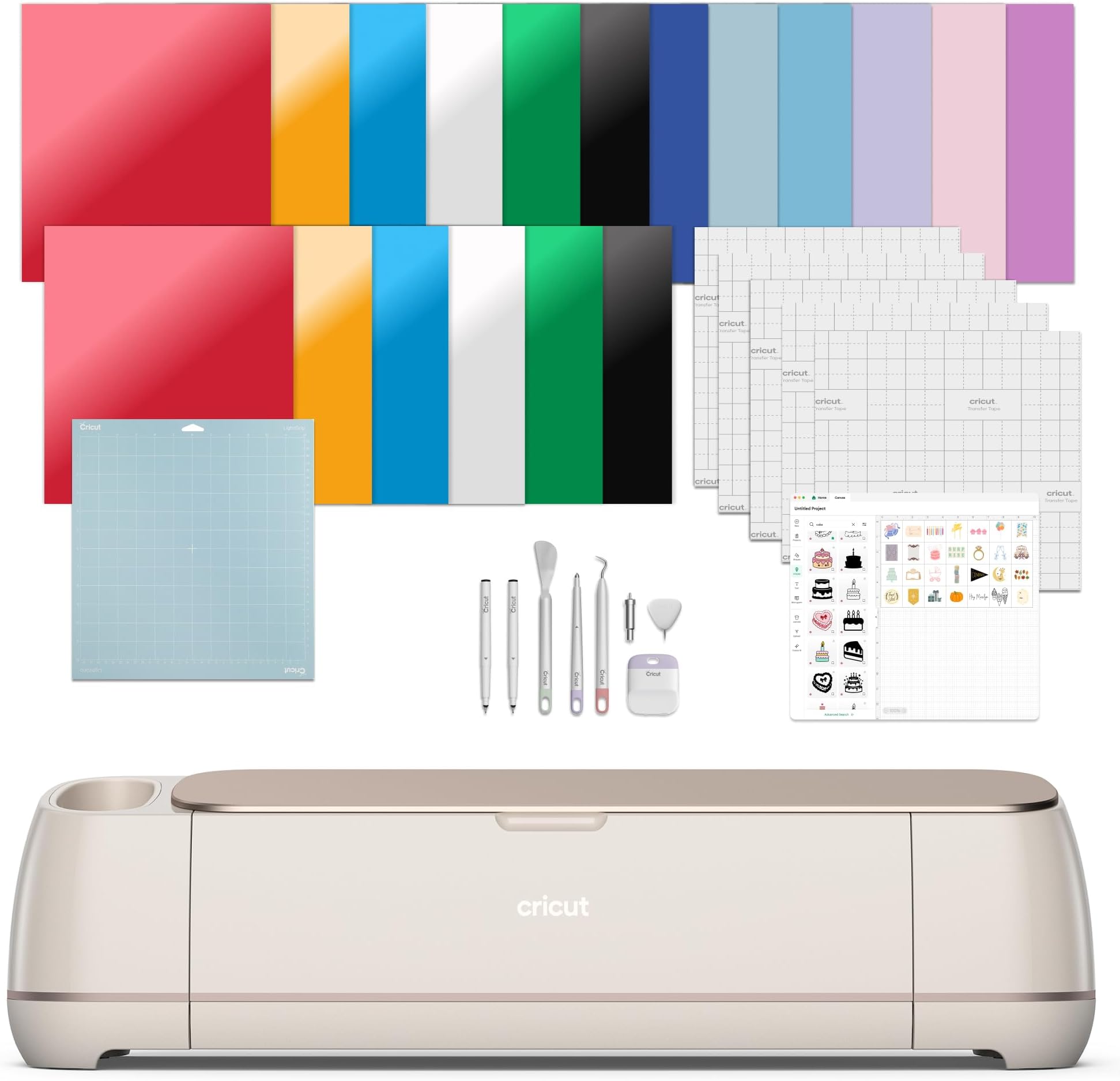 Maker 4 - Smart Cutting Machine (Seashell) | Engagement Bundle - Includes Smart Vinyl, Cardstock, Transfer Tape, Iron On HTV, Mat, Pens, Tool Kit, & 30 Images in Design Space App