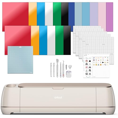 Cricut Maker 4 - Smart Cutting Machine (Seashell) | Engagement Bundle - Includes Smart Vinyl, Cardstock, Transfer Tape, Iron On HTV, Mat, Pens, Tool Kit, & 25 Images in Design Space App