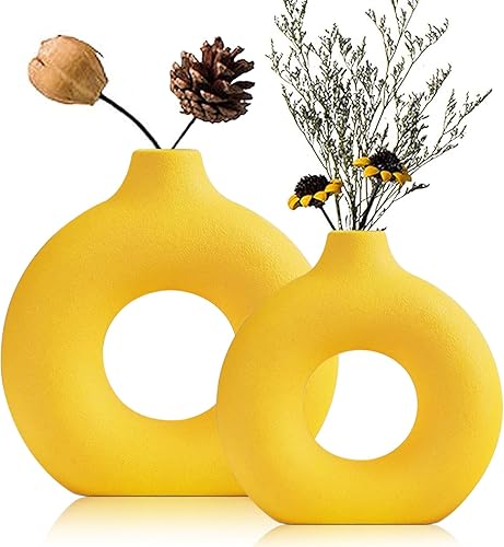 Jarrón de cerámica amarillo para decoración moderna del hogar, jarrones redondos mate de las pampas, estilo minimalista nórdico bohemio para bodas,