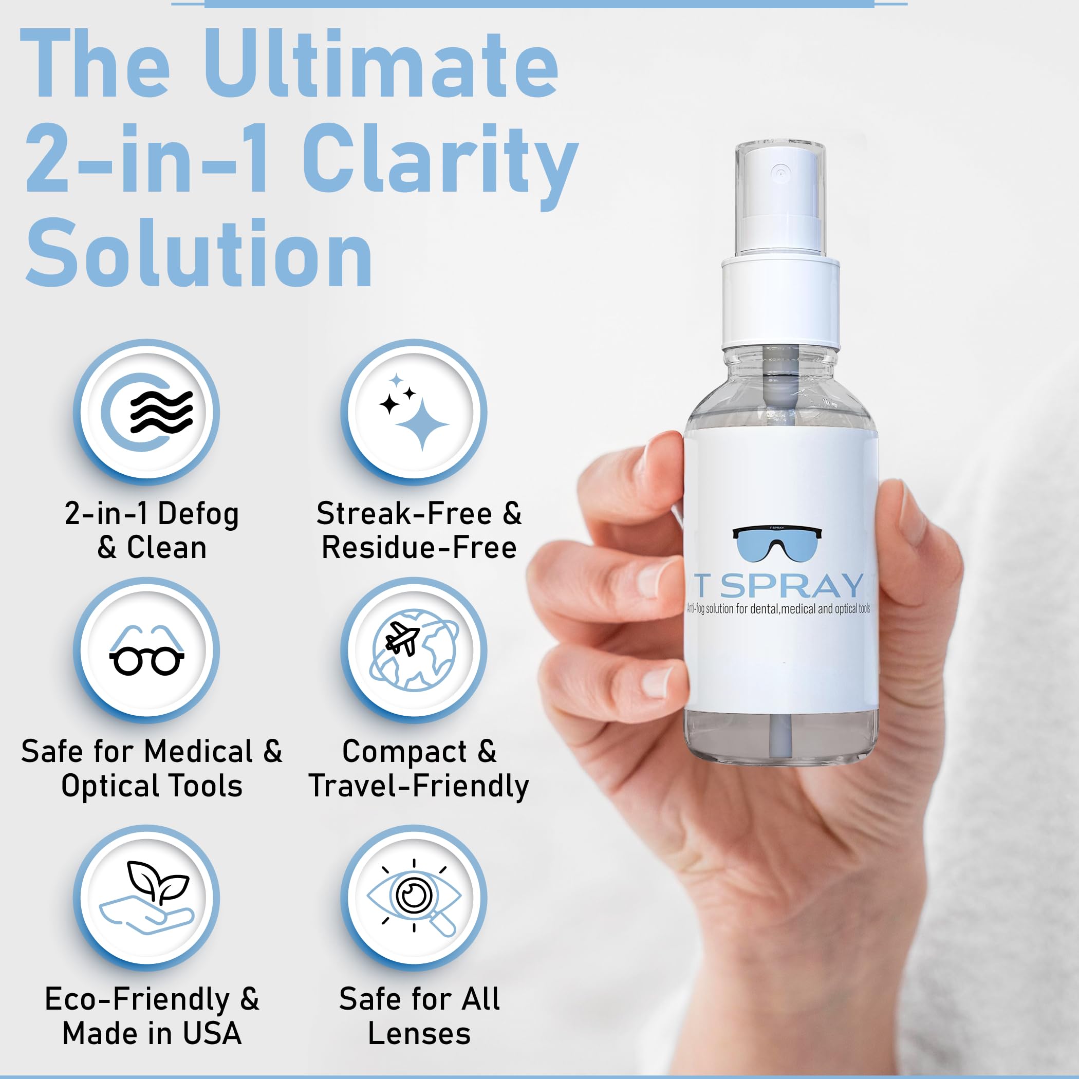 T-Spray Anti Fog Spray - Professional-Grade Anti-Fog Spray for Glasses, Dental Loupes, Hockey mask, Motorcycle Visor, Snorkel Mask, Swim Goggles - Reef-Safe and Eyeglasses Cleaner - Made in USA - 2oz