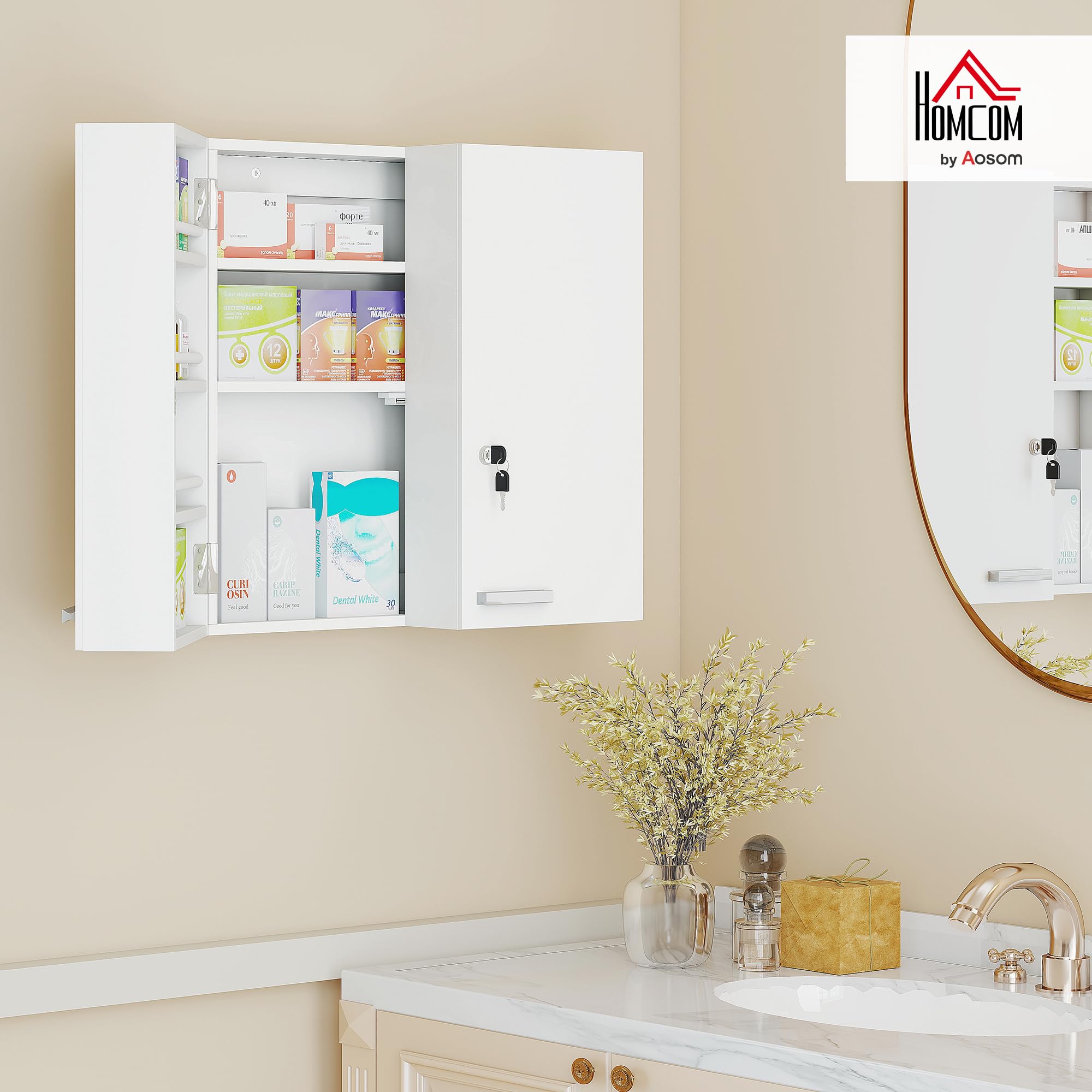HOMCOM Armoire à Pharmacie Murale, Armoire à médicaments Murale à 4 étagères avec Double Porte verrouillable 2 clés, Meuble de Salle de Bain, Couloir, Salon, 53 x 20 x 53 cm, Blanc