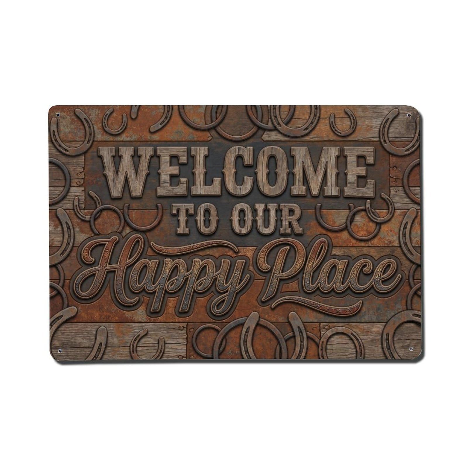 Welcome To Our Happy Place Vintage Pattens Maker Bench Metal Tin Sign Plaque Wall Decor for Cafe, Club Bar, Office, Home Garden Metal Poster 8x12Inch
