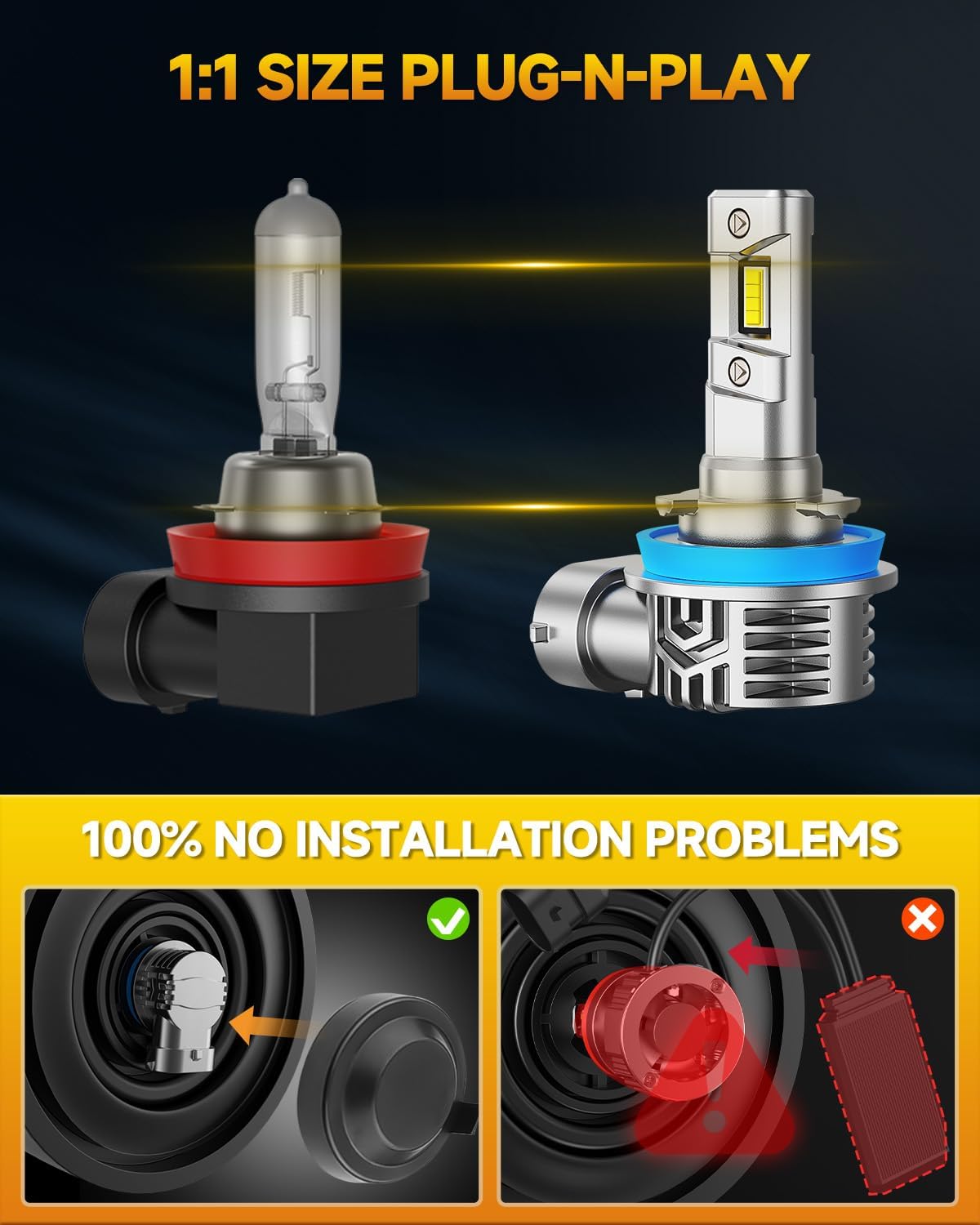 FAHREN 2026 H11 H9 H8 LED Headlight Bulbs, 1000% Super Brightness H11 LED Bulbs, 1:1 Mini Size Plug and Play, 6500K Cool White Halogen Replacement, Pack of 2 — view 3