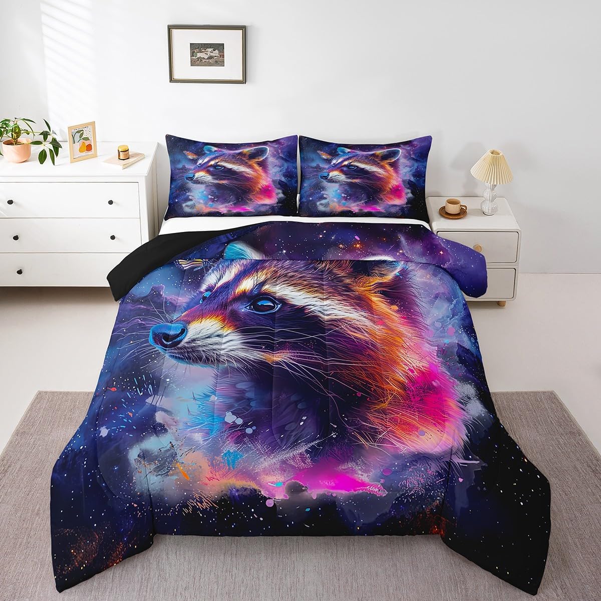 Erosebridal Cartoon Racoon Bedding Twin Size Watercolor Animal Comforter Set Twin for Boys Girls, Psychedelic Galaxy Stars Duvet Insert Rainbow Graffiti Quilt Comforter, Trippy Nebula Cosmos 05