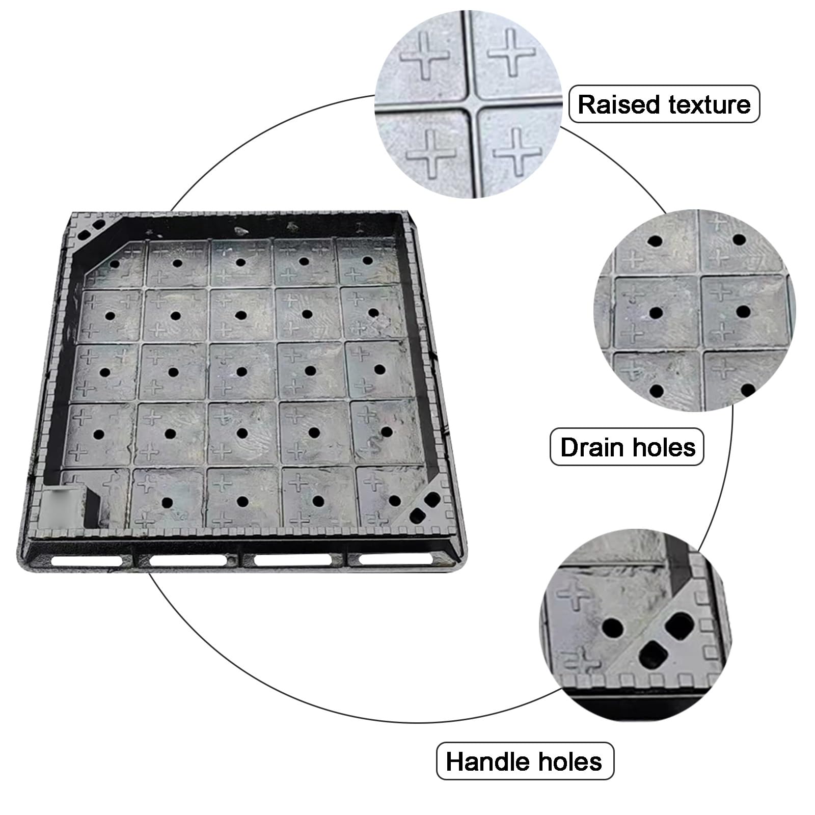 Tapa Arqueta, Tapa de Inspección Invisible, Cuadrada de Tanque Séptico de Hierro Dúctil con Orificios de Drenaje y Orificios de Acceso(60cm/24in)