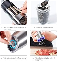 Vista 7 de Juego de 2 molinillos eléctricos de sal y pimienta, molinillo automático de sal y pimienta, rugosidad ajustable, funciona con pilas con luz LED