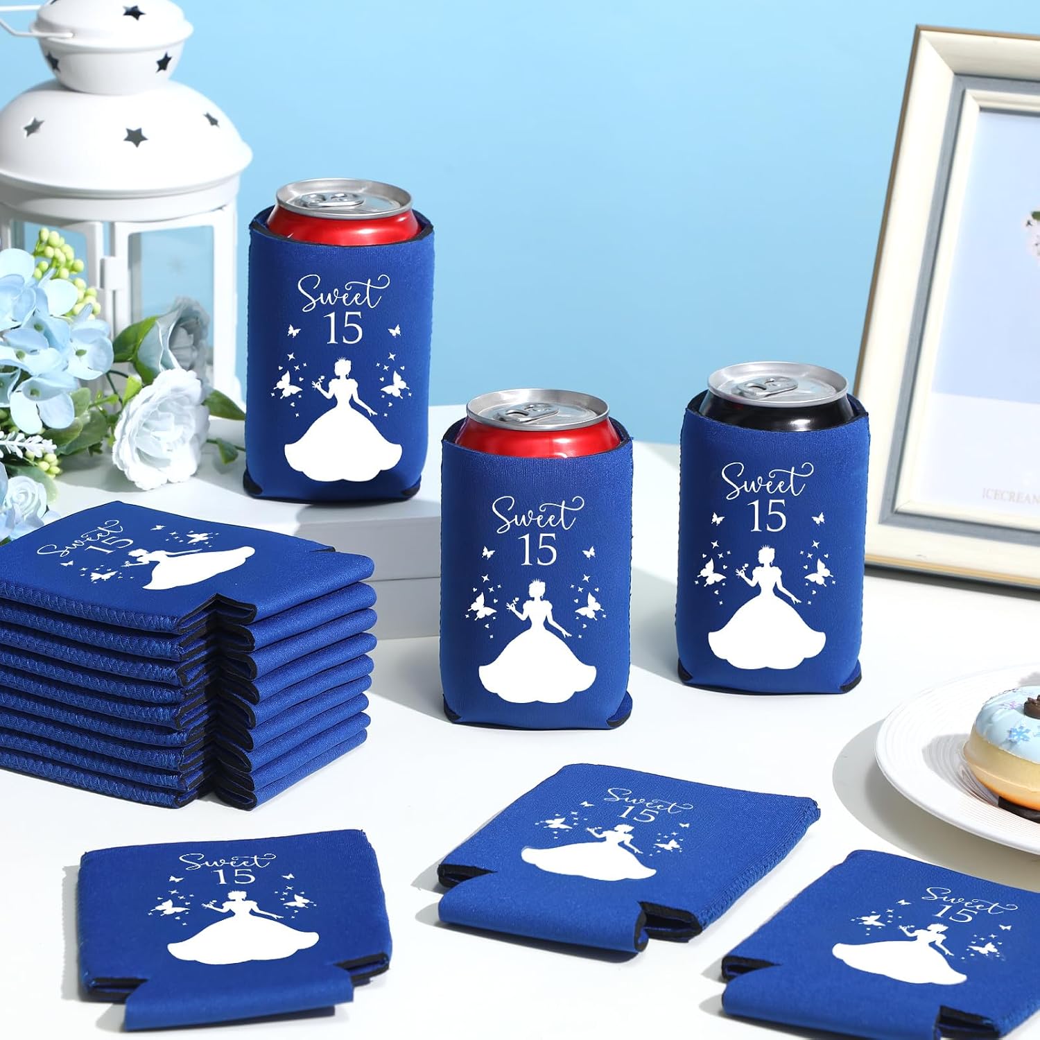50 Pcs Quinceanera Party Favors for Guests 15th Birthday Beer Can Coolers Sleeves Quinceanera Party Can Sleeves Quinceanera decorations Can Coolers for Sweet 15 Birthday Party Favor (Blue)