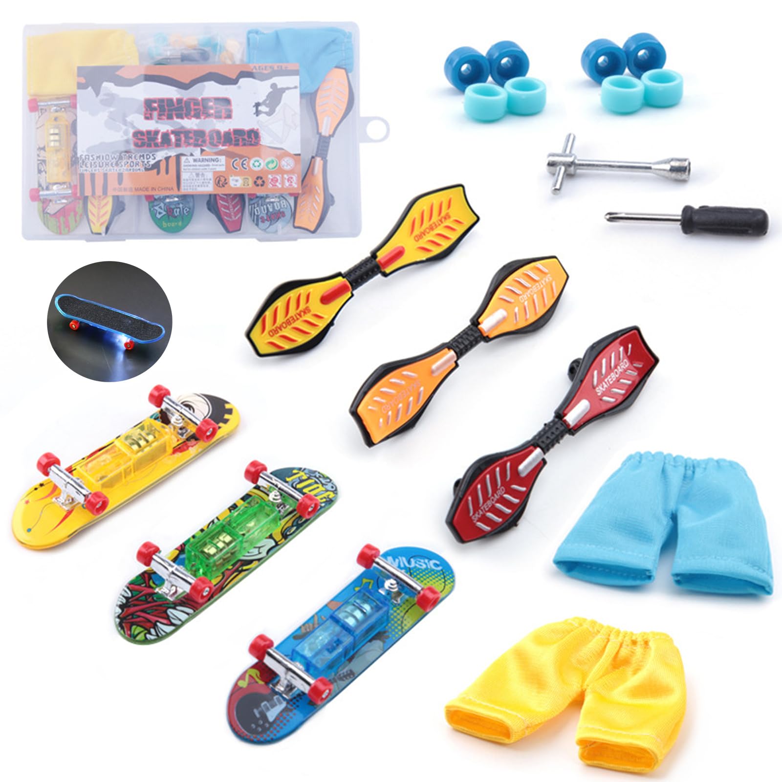 EmbhlitfeMini Finger Toy Set,Light Up Finger Skateboards Tech Deck Fingerboard Finger Scooter Mini Skateboard,Finger Boards Skateboards Fingertips Movement Toys for Adults Kids Birthday Gifts