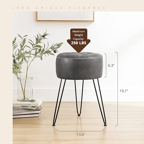 Miniatura 2 de LUE BONA Faux Leather Vanity Stool Chair for Makeup Room, Grey Stool for Vanity, 19 Height, Tufted Small Vanity Chair Stool with Metal Legs, Modern