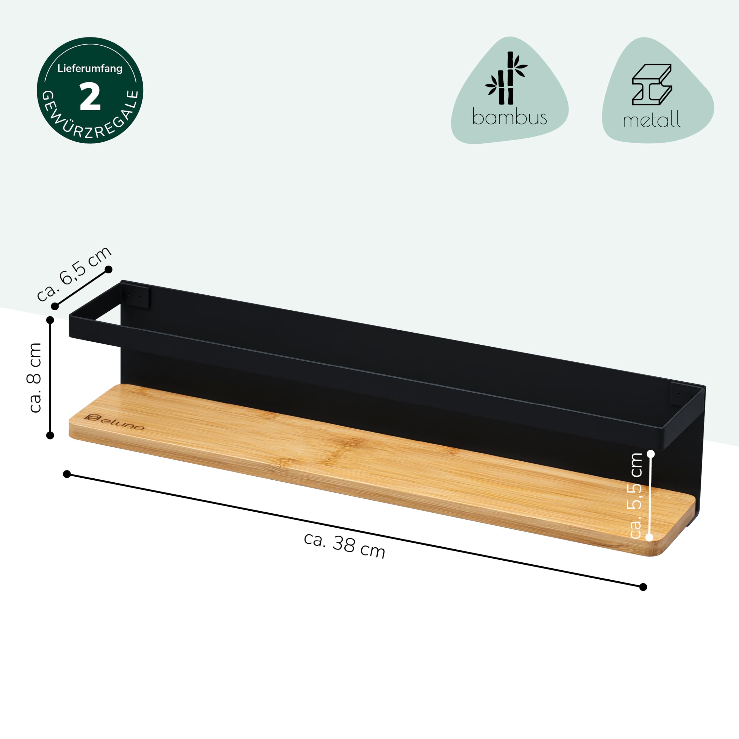eluno Gewürzregale 2er Set mit Bambusboden, platzsparende Gewürzhalter zur Wandmontage zum Kleben oder zum Bohren - Regale schaffen mehr Ordnung auf der Arbeitsfläche, aus Metall (Schwarz)