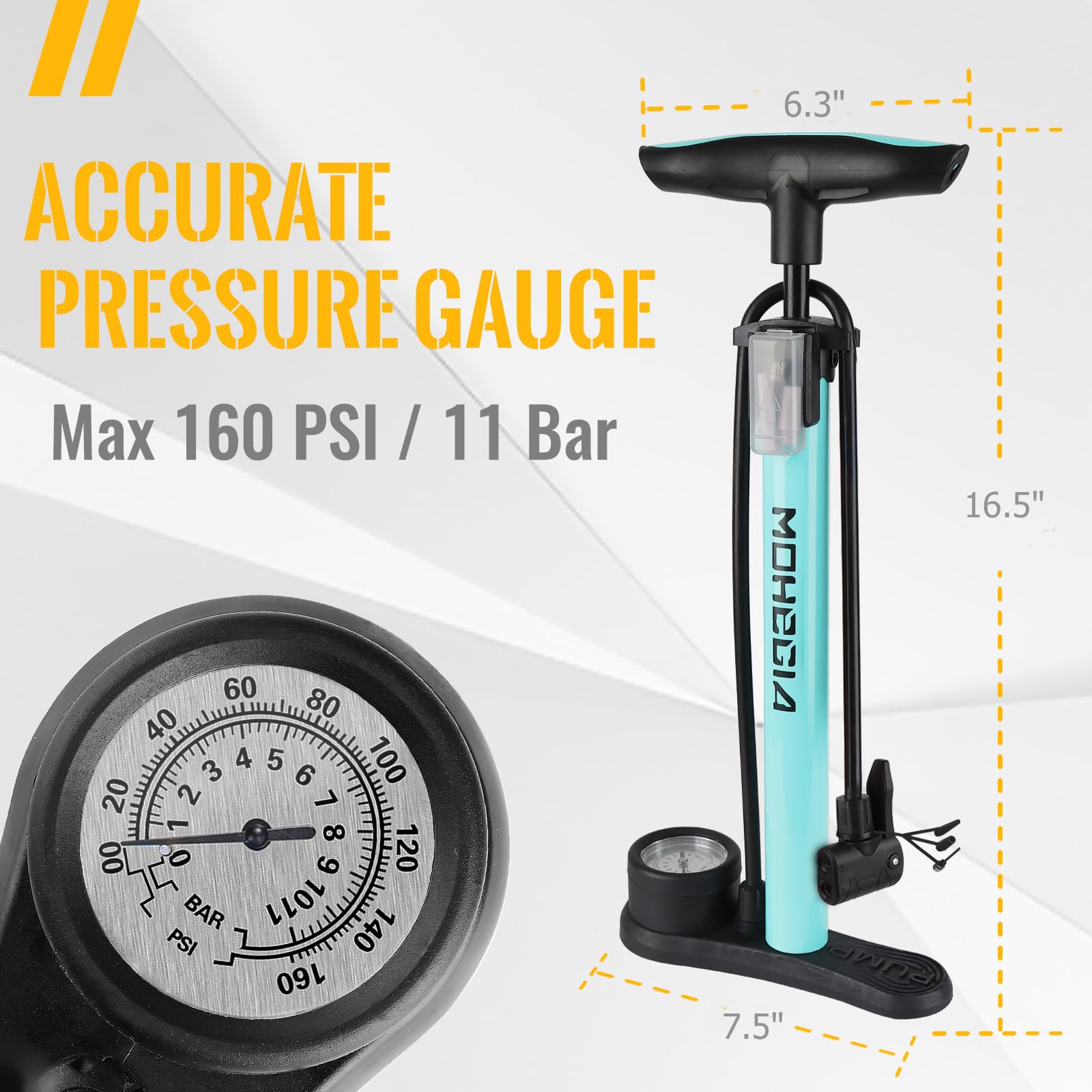 MOHEGIA Bike Floor Pump with Gauge: Air Bicycle Pump with High Pressure 160 PSI,Fits Schrader and Presta Valve -Inflator with Ball Pump Needles for MTB Road Bike, Ball, Balloon, Inflatables