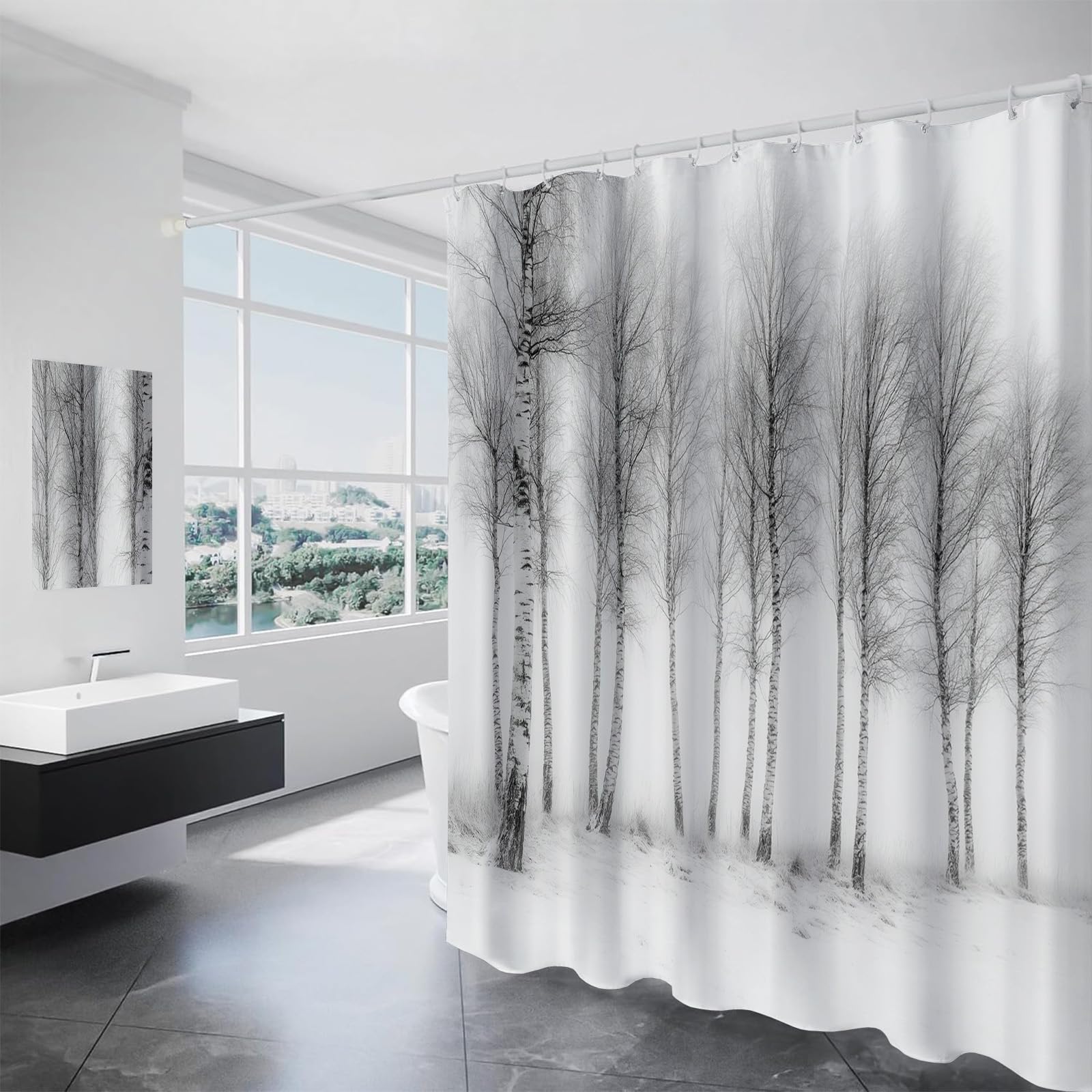 Rideau douche anti-collant avec ourlet lesté motif écorce de bouleau pour rester au sec