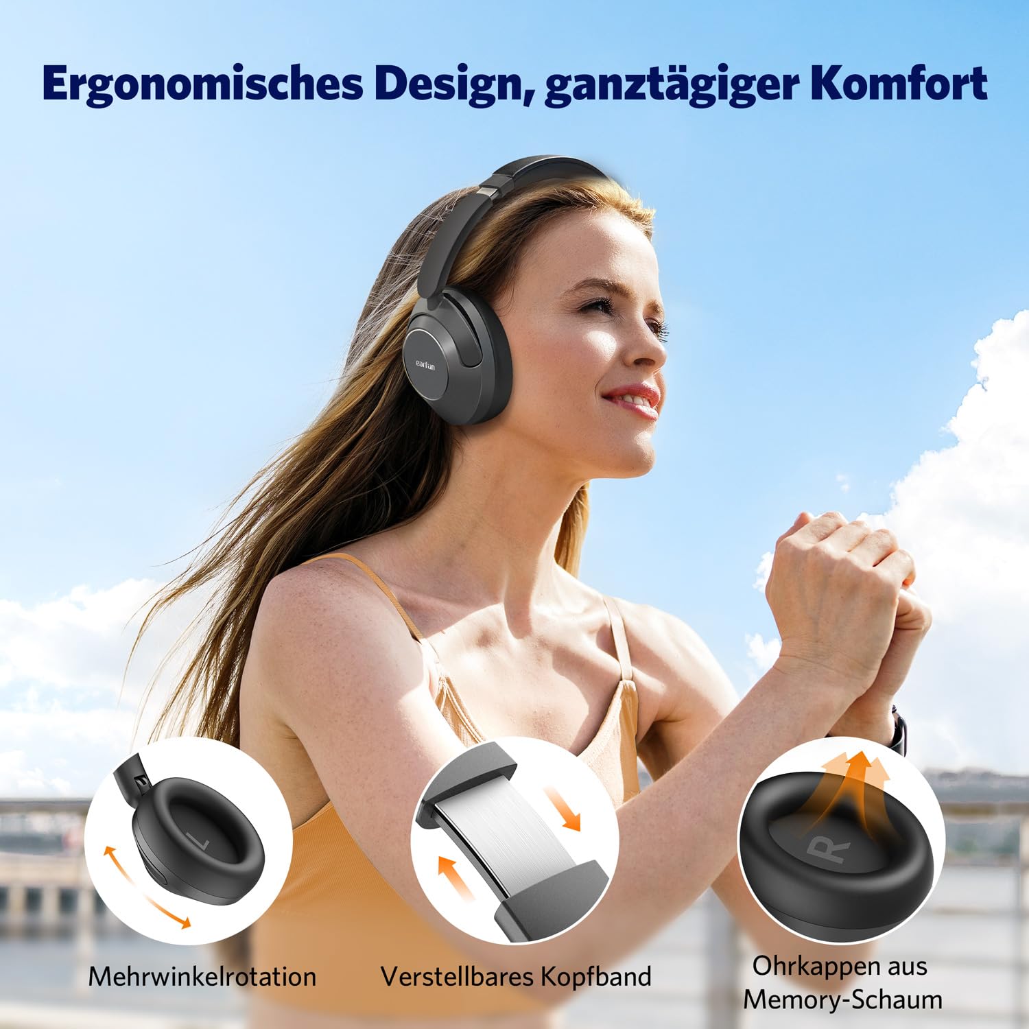 EarFun Wave Pro Over Ear Kopfhörer Kabellos Bluetooth, Hybrid Aktive Noise Cancelling, Hi-Res Audio, LDAC, 80 Std Akku, Bequemer Halt, 5 Mikrofone Kristallklare Anrufe, Bluetooth Multipoint, EQ in App