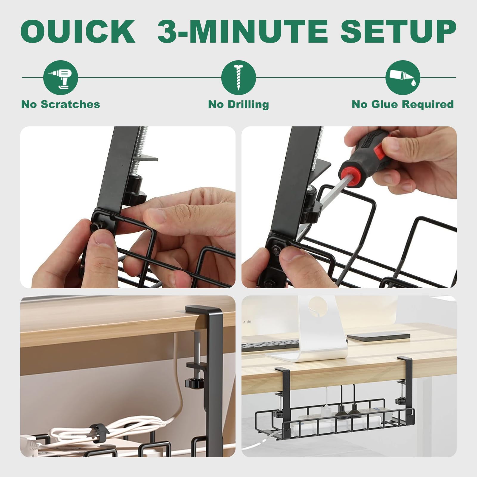 Desk Cable Organizer Tray, Cable Management Tray Under Table, Accessories for Storing and Hiding Cables, Support Strip for Computer, Office — view 7