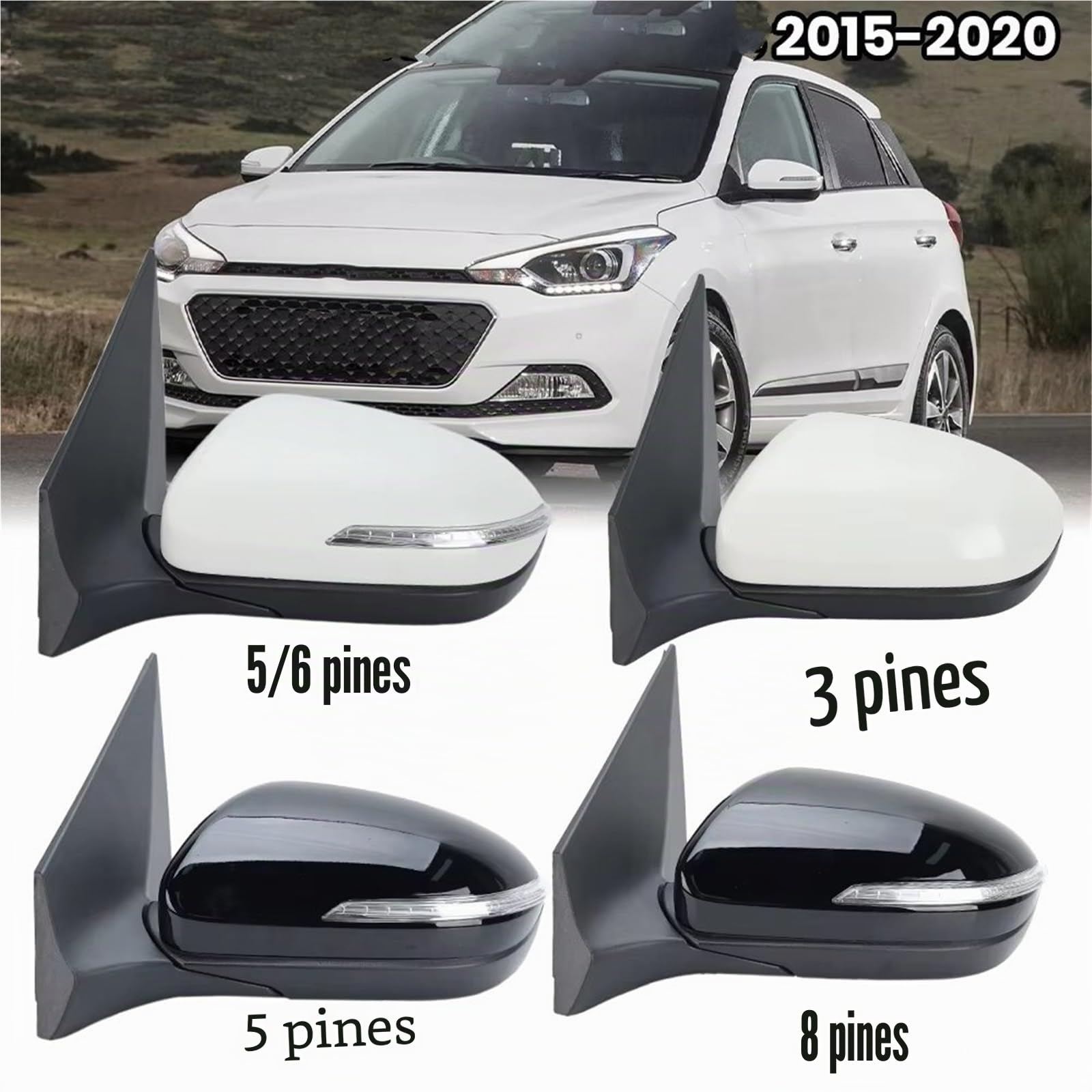 Conjunto Espejo Retrovisor Para Hyundai Para I20 Para MK2 GB IB 2015 2016 2017 2018 2019 2020 3/5/6/8 Pines Montaje Espejo Retrovisor Puerta Lateral Coche Retrovisor Lateral(Left White 6pin)