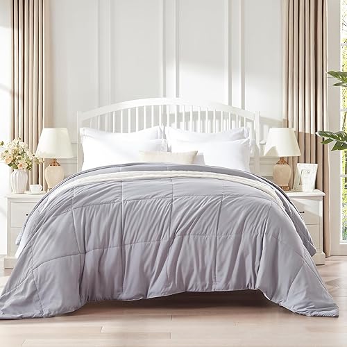 Miniatura 2 de SunStyle Home Edredón gris oscuro, tamaño Queen, ligero, reversible, con patrón cuadrado, suave y acogedor, colcha de plumón alternativo para todas