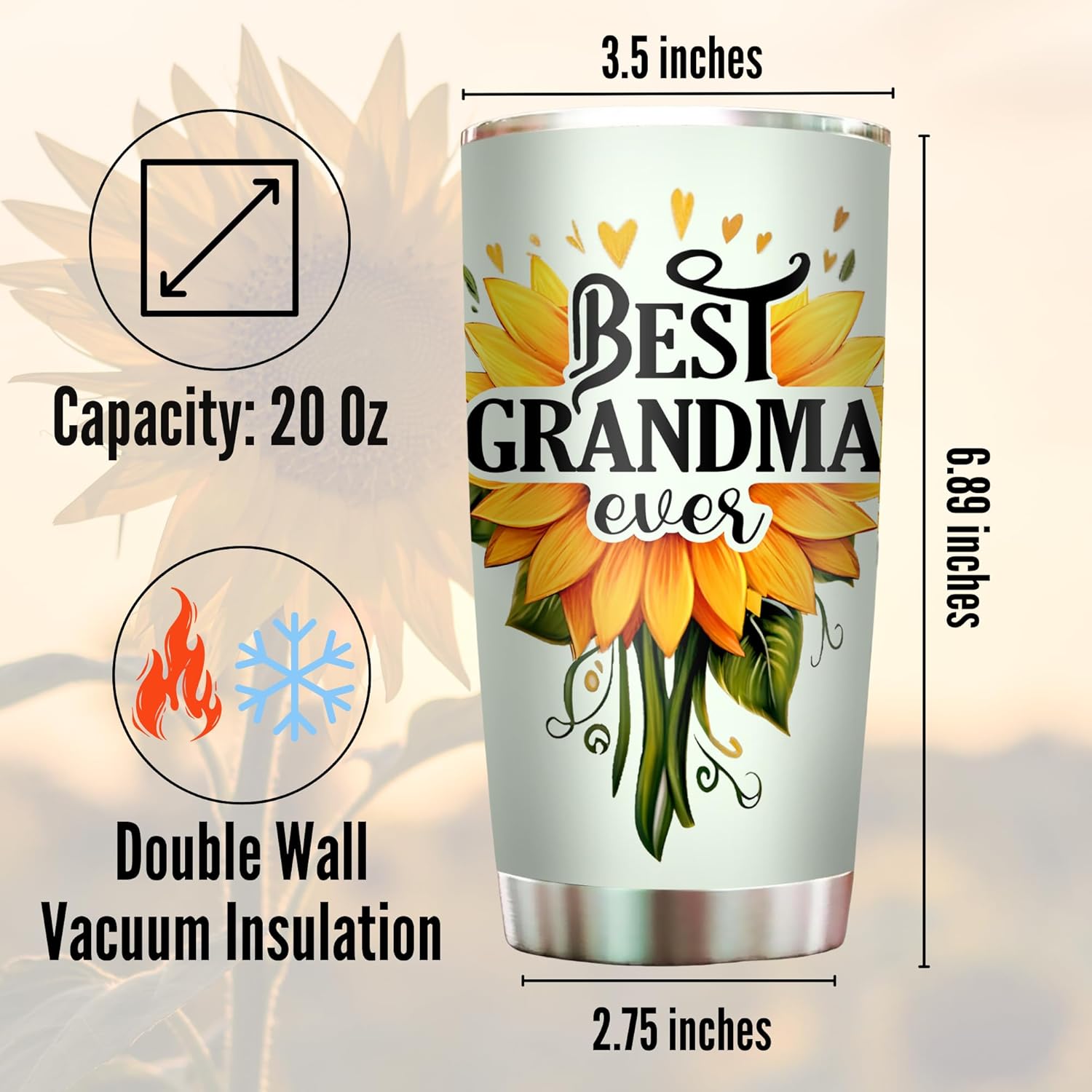 Grandma Tumbler for Christmas Best Grandma Ever Cup - Grandmother Gifts for Birthday, Christmas, Mothers Day - Abuela Gifts Coffee Cup for Granny Nana Drinking Sunflower Stainless Steel Tumbler 20oz - Image 2