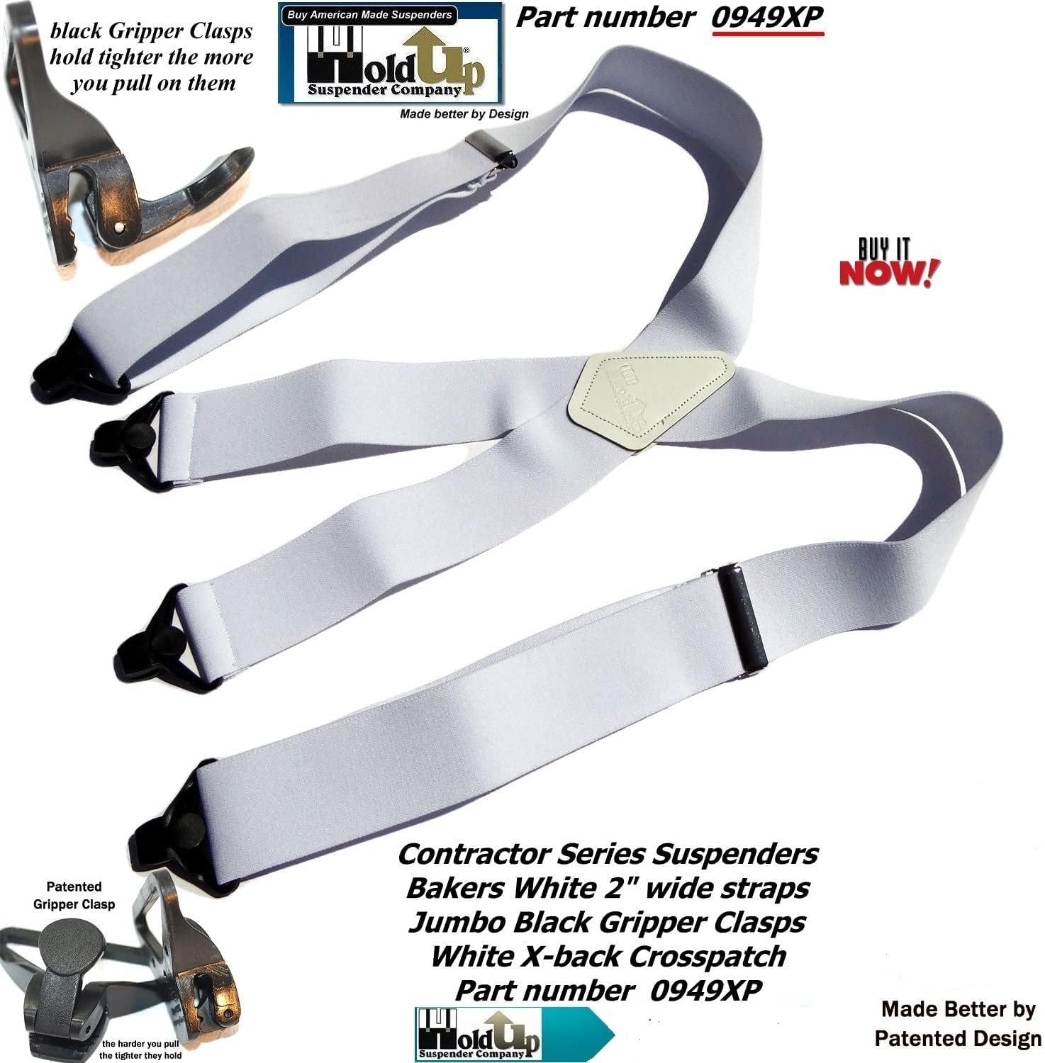 Holdup 2" Wide Contractor Suspenders for Men with Patented Composite Plastic Gripper Clasps - Image 3