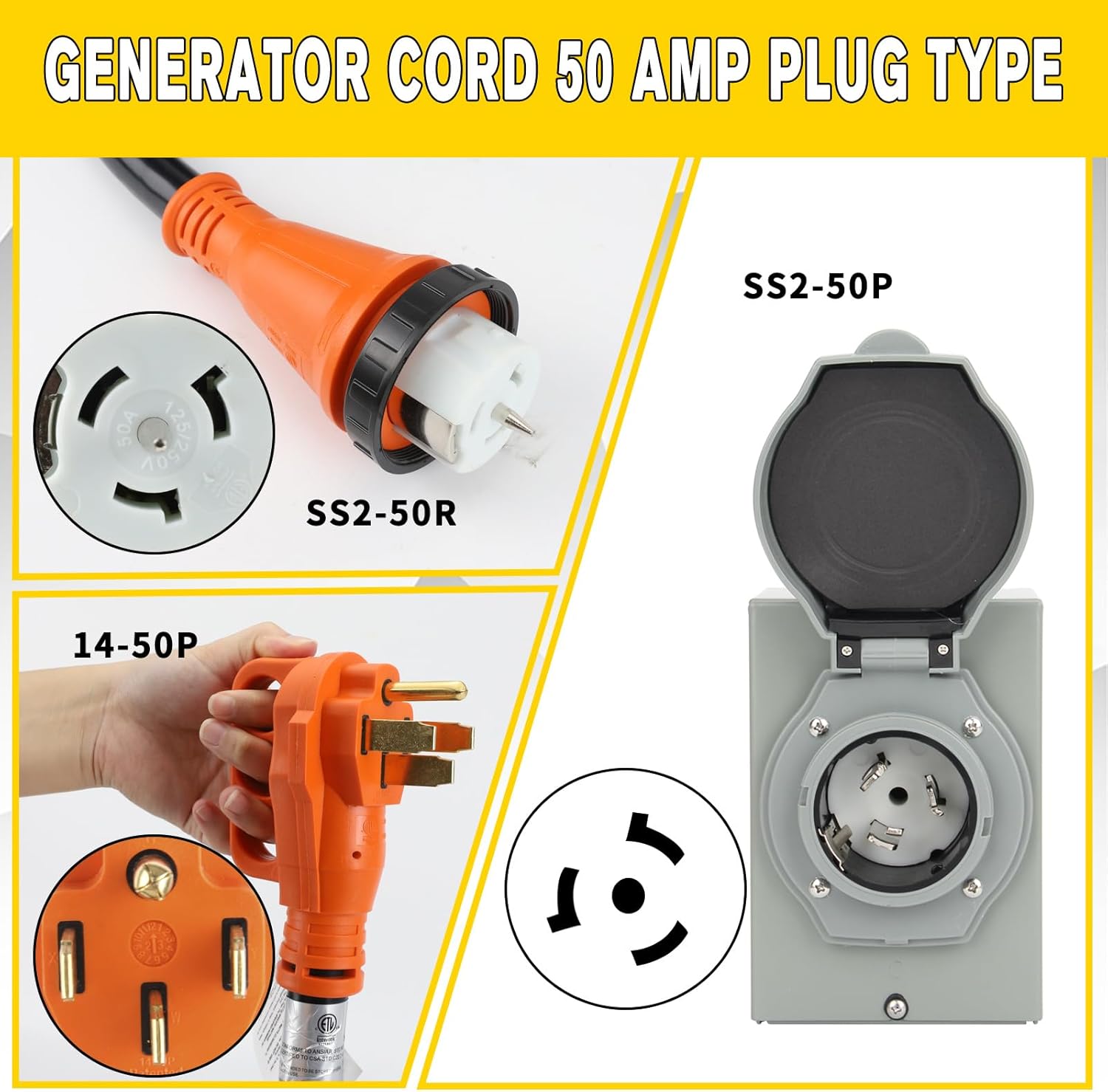 50 Amp Generator Cord 10FT and Power Inlet Box (Pre-Drilled),50 Amp, 125/250 Volts, NEMA 14-50P to SS2-50R Generator Cord Waterproof Combo Kit, ETL Listed, Wire Gauge: STW 6/3 + 8/1 AWG