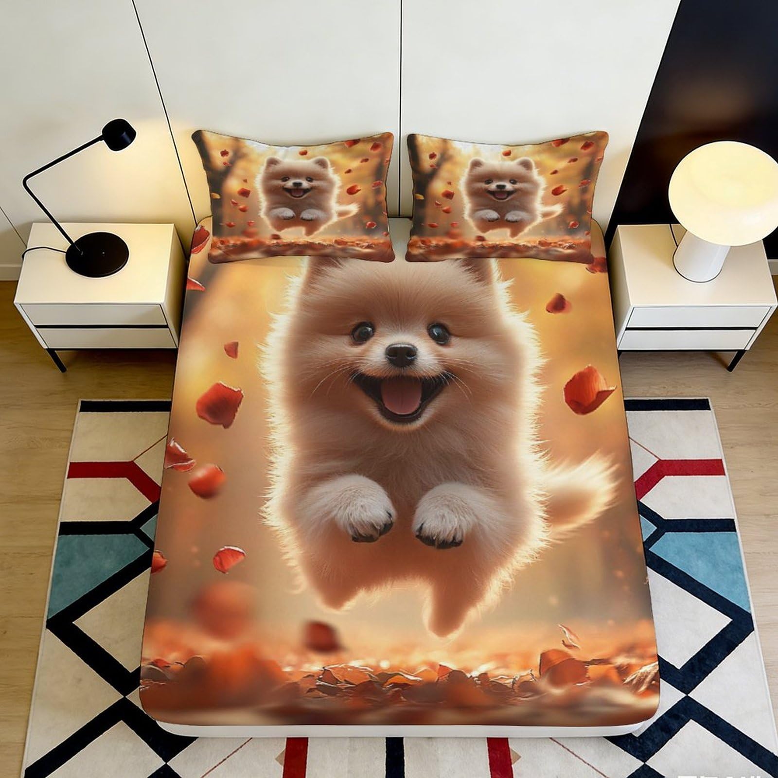 3D Printed Cute Pomeranian Dog Fitted Sheet Microfiber Non Slip Autumn Pet Bed Cover for Bedroom Guest Room Decor 180x200x25cm