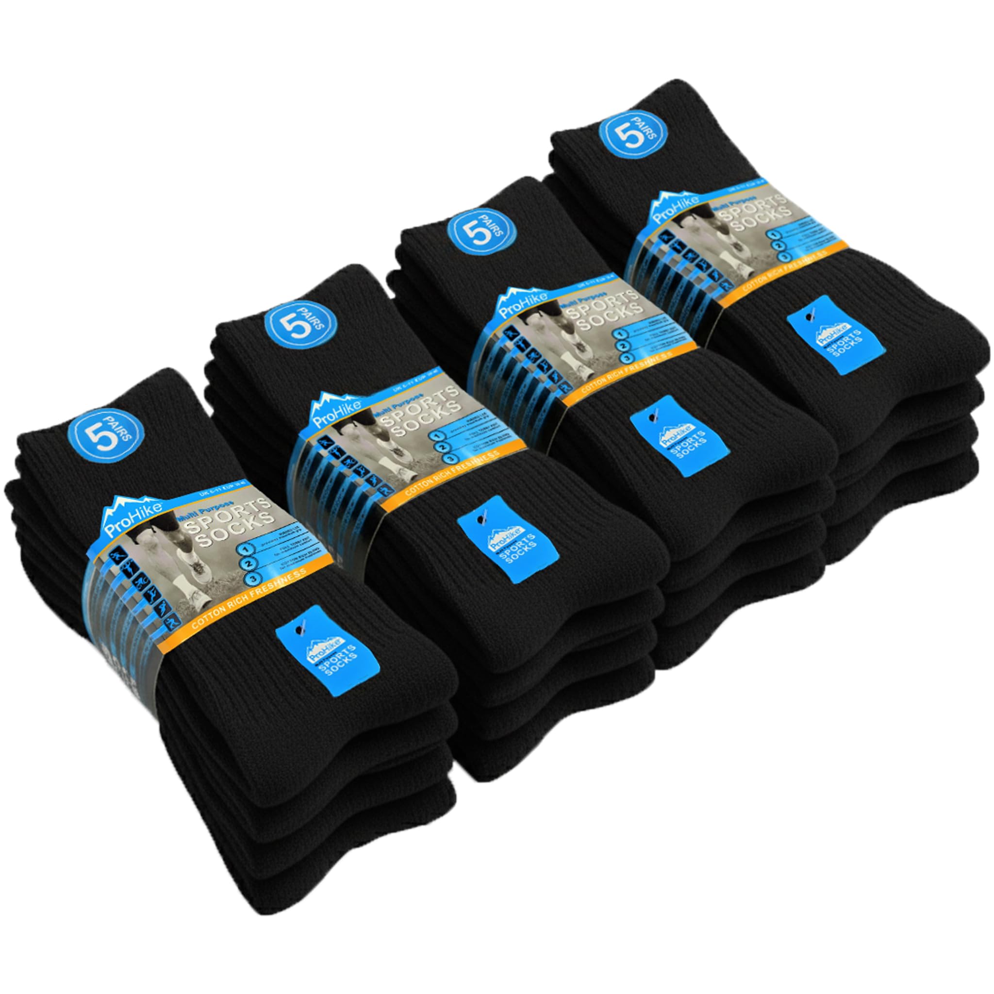 Prohike 20 PAIRS Men’s Sports Socks | Cotton Rich Multipack Bundle | Breathable Terry Cushioned Running, Gym & Everyday Socks | Ribbed Support | Black/White/Assorted | UK 6–11 (EU 39–46) (Black)
