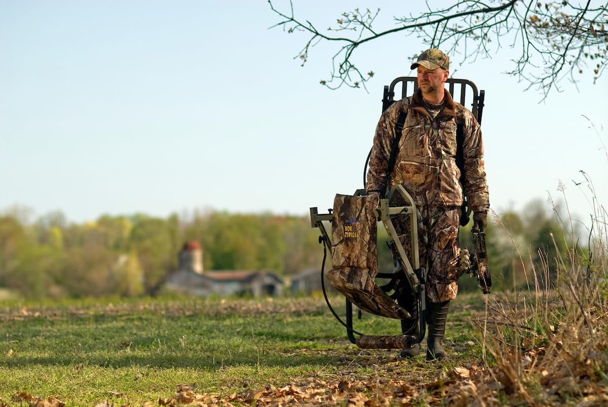 skiguard Universal Tree Stand Carrier: Lightweight Tree Stand Transport System Harness, Adjustable Treestand Carry Backpack Straps, Comfortable Padded Back Pack Straps, Fits Most Tree Stands