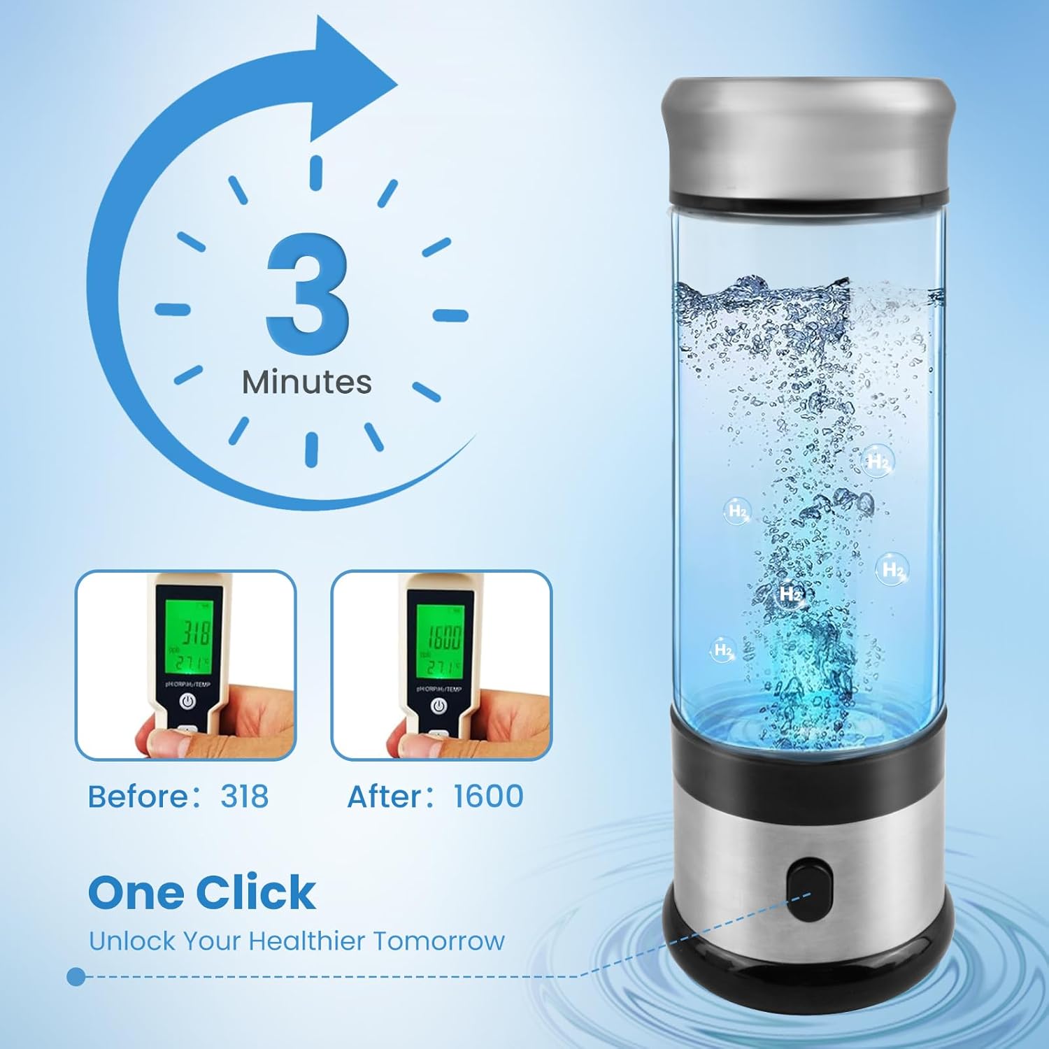 Hydrogen Water Bottle, HIGHTALL 1600ppb Hydrogen Water Bottle Generator, Portable 3-Min Hydrogen Water Generator, Rechargeable Ion Hydrogen Water Machine, Health Gift for Exercise, Office, Travel
