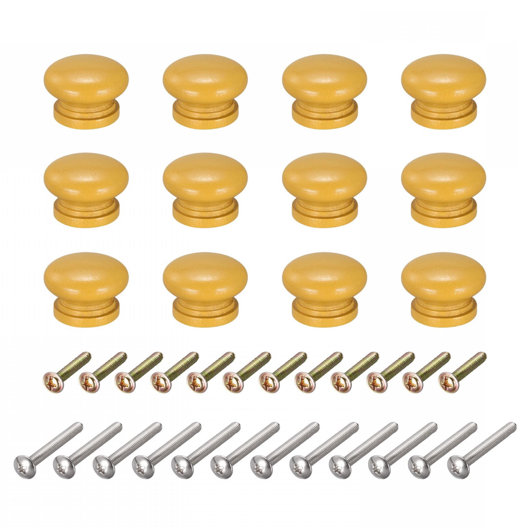 TOP-VIGOR 12Pcs Wooden Drawer Knobs, 33x23mm Round Wood Pull Handles with Screws, Solid Yellow Knobs for Drawers, Cabinets, Wardrobes and Dressers