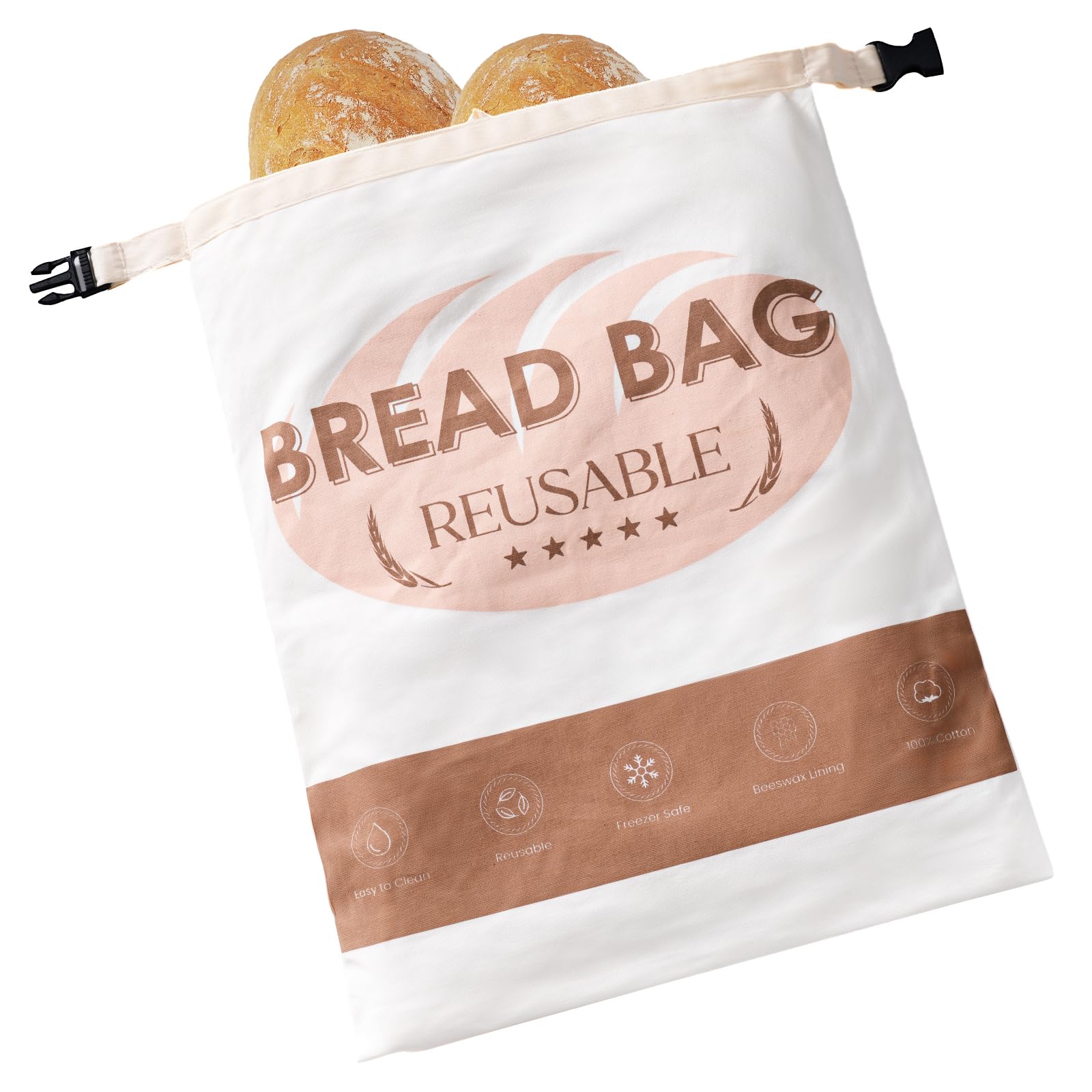 Meowoo Beeswax Bread Bags for Homemade Bread, Reusable Beeswax Bags for Sourdough, Cotton Waxed Bag with Buckle Closure, Keeps Fresh Longer Food Storage Bag, 43 x 32cm, Brown