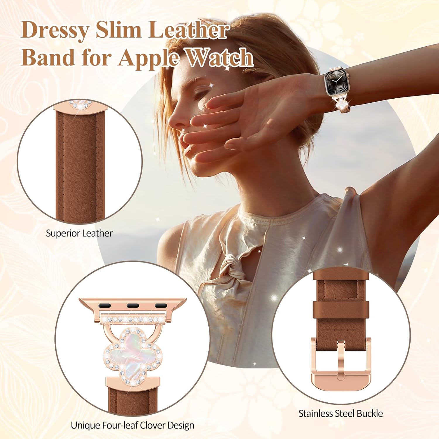 SOLOLUP Leather Band Compatible with Apple Watch Bands for Women 40mm 41mm 42mm 38mm,Dressy Slim Thin Cute Bracelet with Bling Designer Buckle Band for iWatch Series 11 10 9 8 7 6 5 4 3 SE 3/2/1 - Image 4