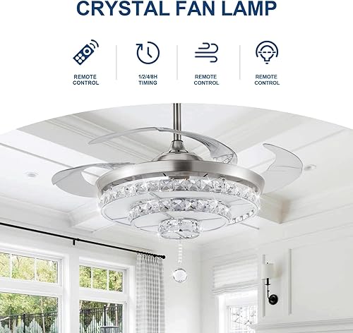 Miniatura 3 de Ventilador de techo de cristal de 42 pulgadas con luces, retroceso cromado moderno, control remoto, 3 velocidades, ventilador de techo sin ruido