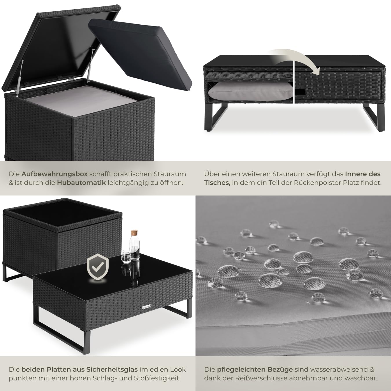 tectake® Poly Rattan Lounge Sitzgruppe, Gartenmöbel Set mit Sofa, Tisch mit Glasplatte, Auflagenbox, Outdoor Kissen wetterfest, Möbel für Garten, Balkon, Terrasse oder Wintergarten - schwarz