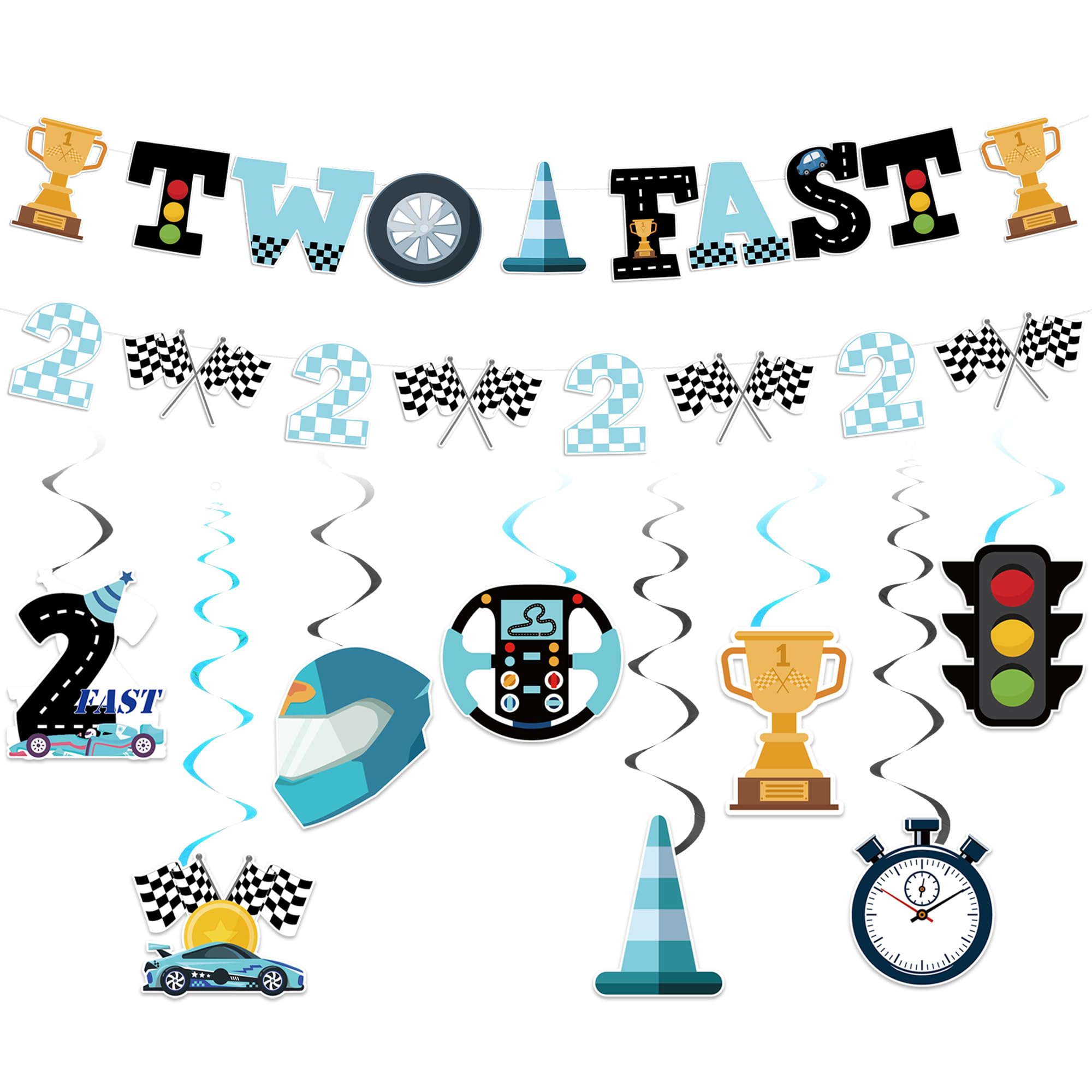 2nd Birthday Decorations Boys, Racing Car Two Fast Banner Hanging Party Set