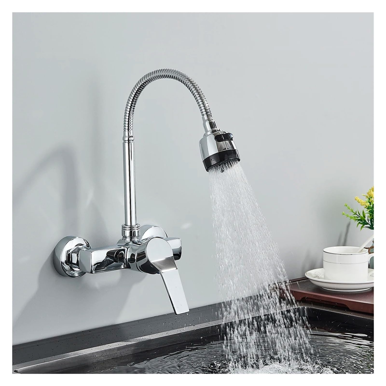 MXXQRHF Chrome Wall Mounted Dual Hole Kitchen Faucet, Hot Cold Water Mixer Tap Stream Spray Bubbler 360 Rotation Flexible Pipe,Bathroom Vanity Mixer